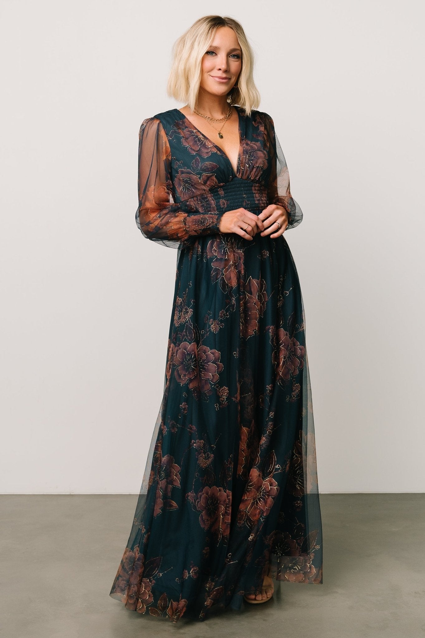 Copper Floral Tulle Maxi Dress with Smocked Waist | Baltic Born