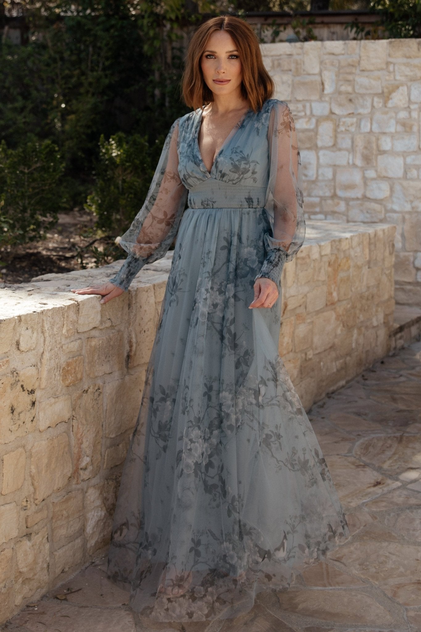 Floral Tulle Maxi Dress with Smocked Waist & Long Sleeves | Baltic Born