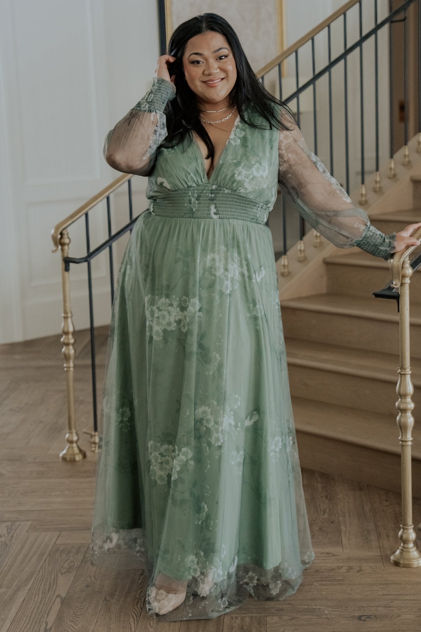 Floral Tulle Maxi Dress with Smocked Waist & Long Sleeves | Baltic Born