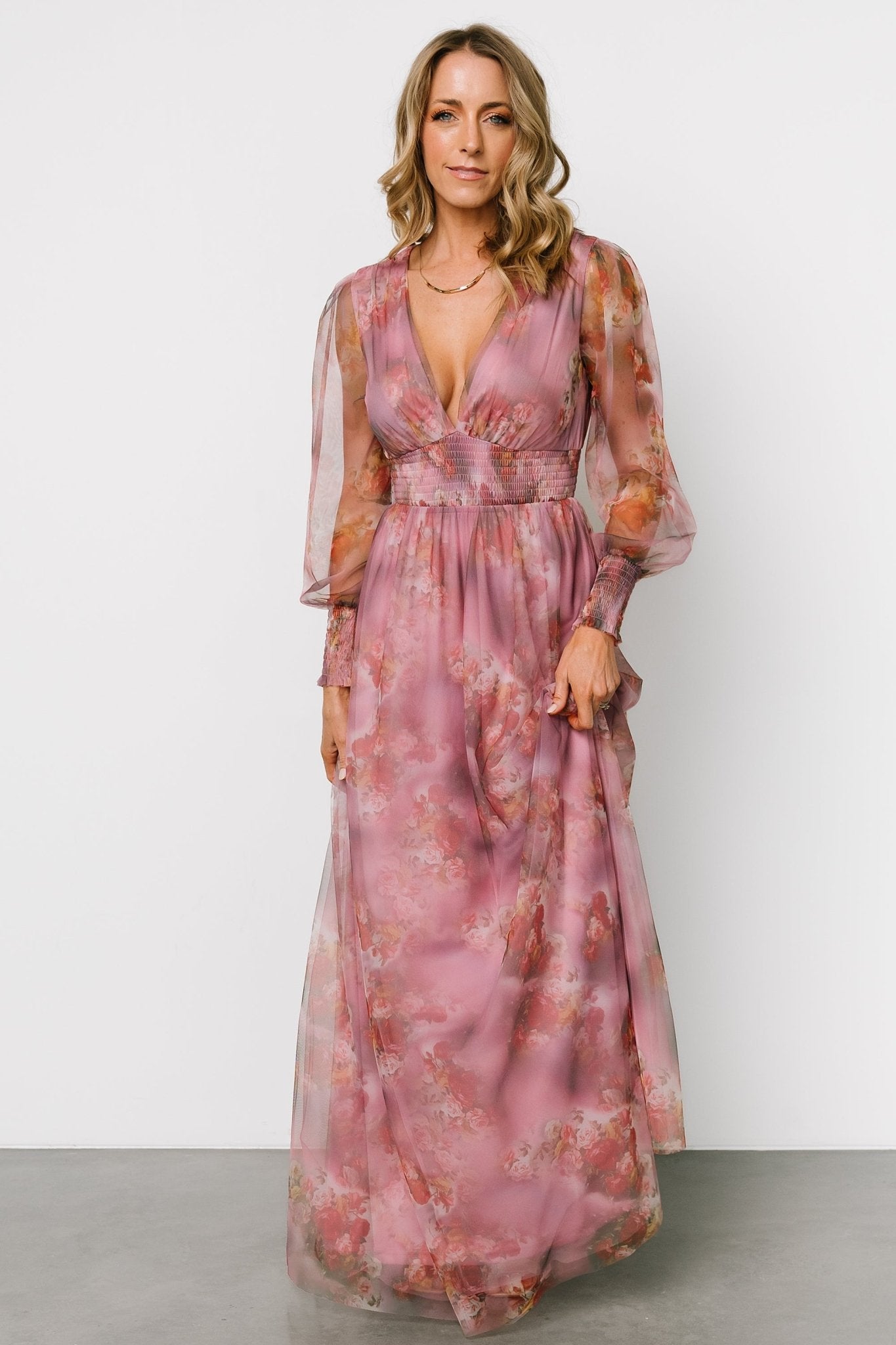 Floral Tulle Maxi Dress with Smocked Waist & V-Neck | Baltic Born