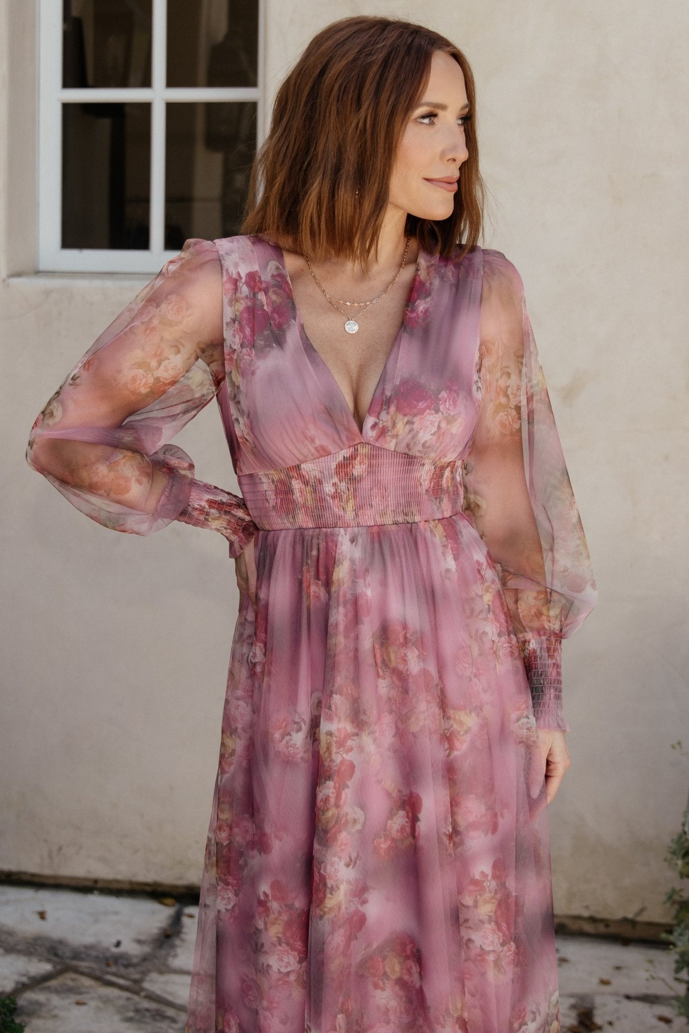 Floral Tulle Maxi Dress with Smocked Waist & V-Neck | Baltic Born