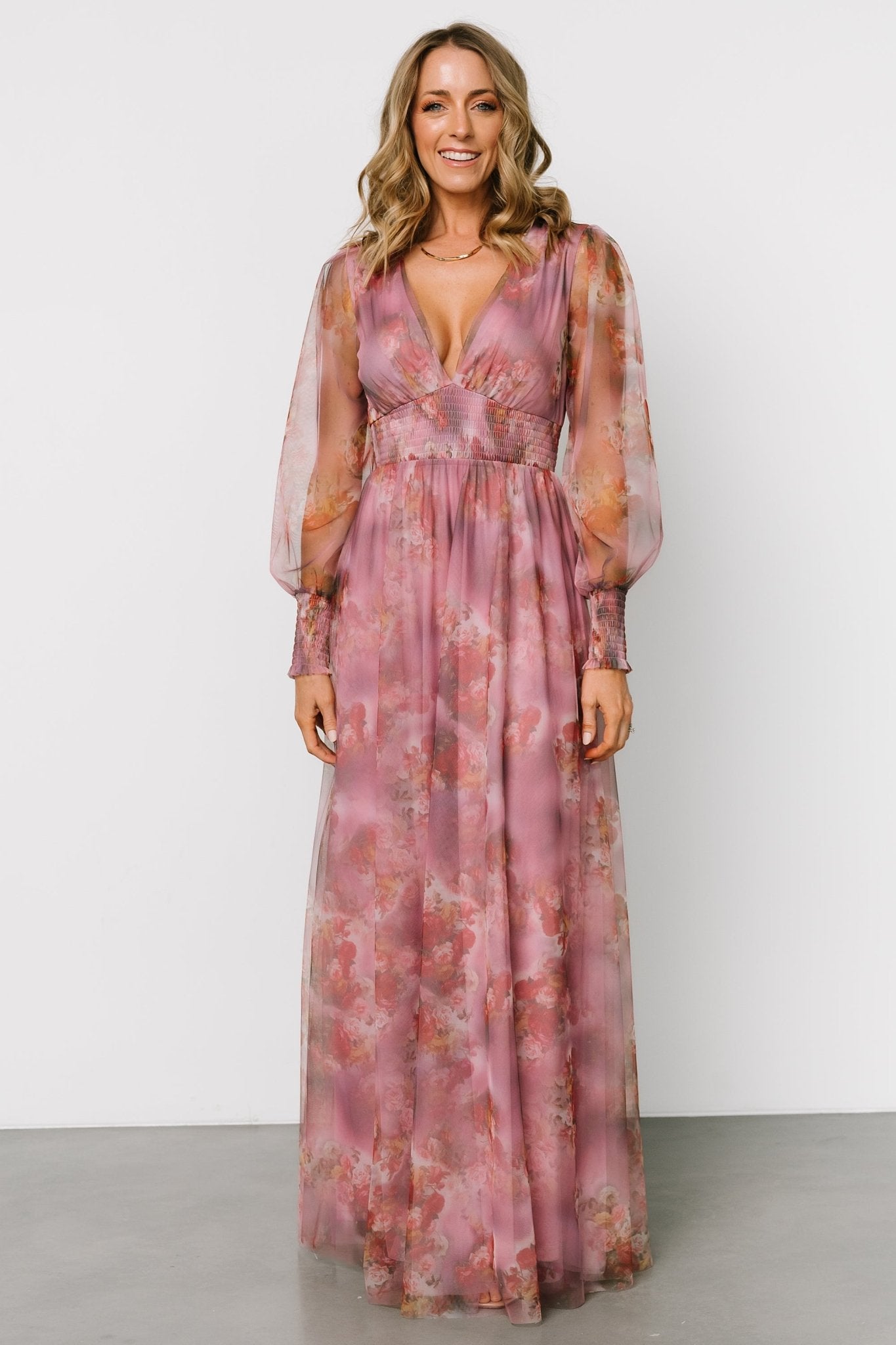 Floral Tulle Maxi Dress with Smocked Waist & V-Neck | Baltic Born