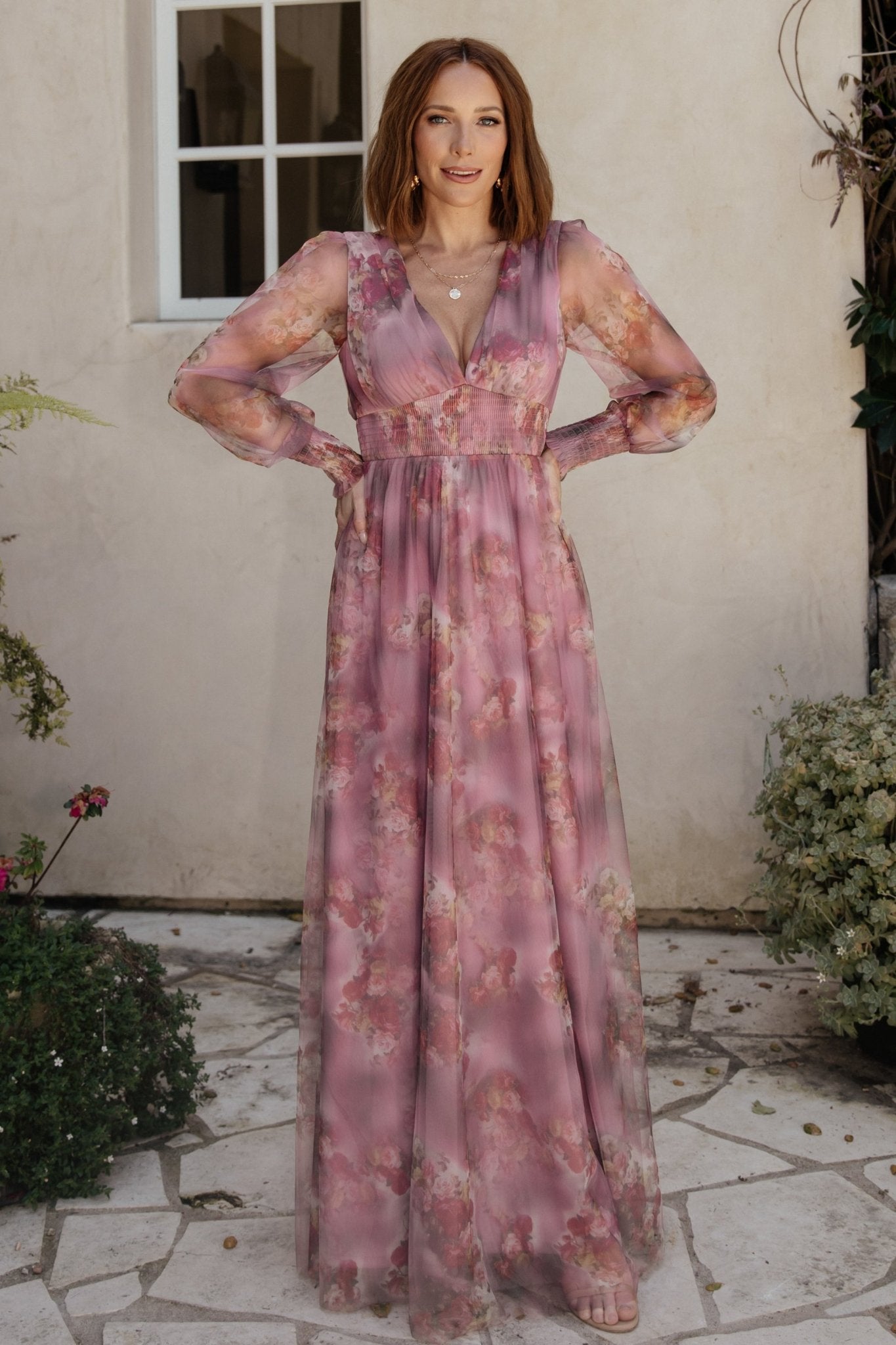 Floral Tulle Maxi Dress with Smocked Waist & V-Neck | Baltic Born