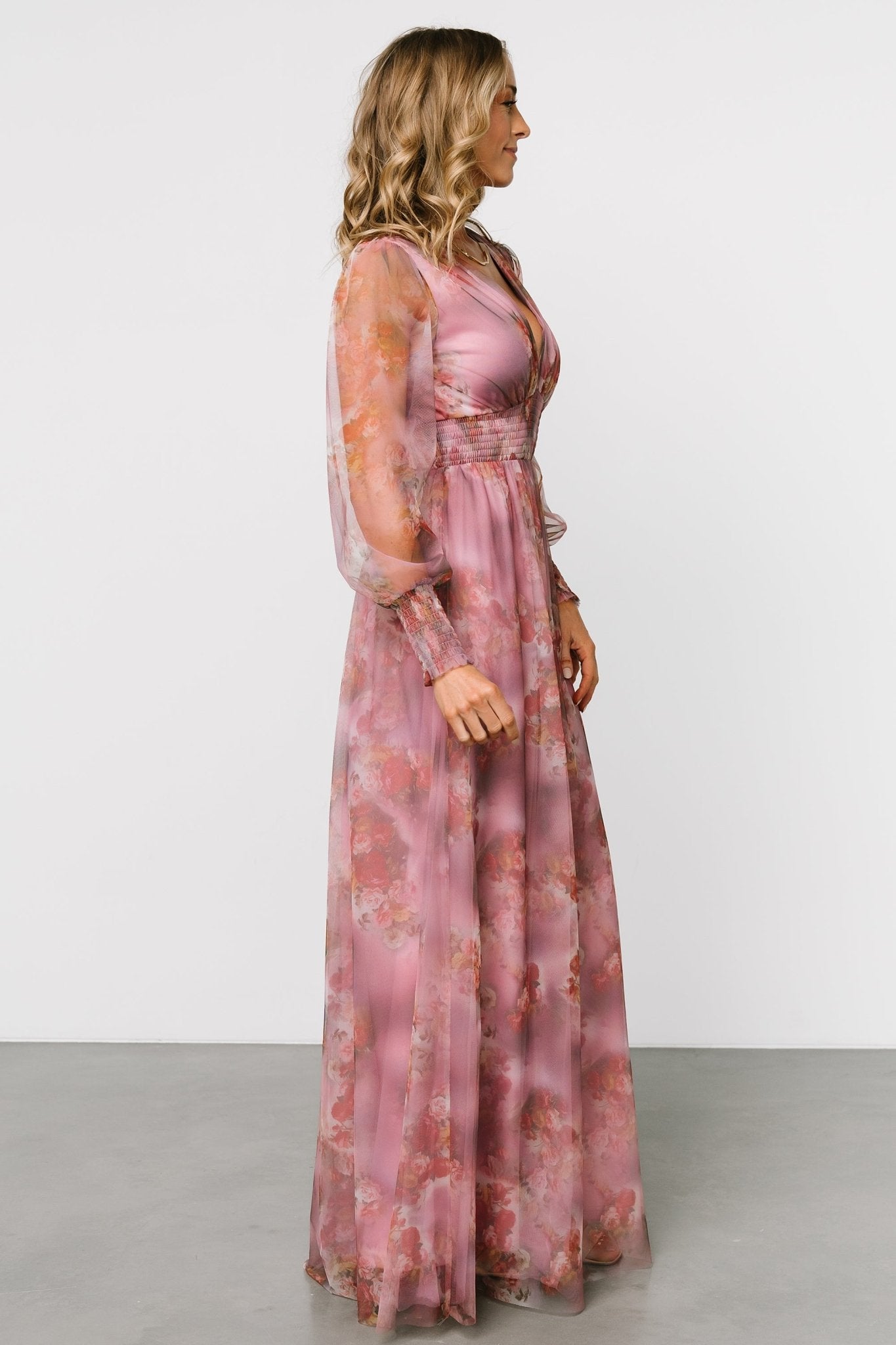 Floral Tulle Maxi Dress with Smocked Waist & V-Neck | Baltic Born