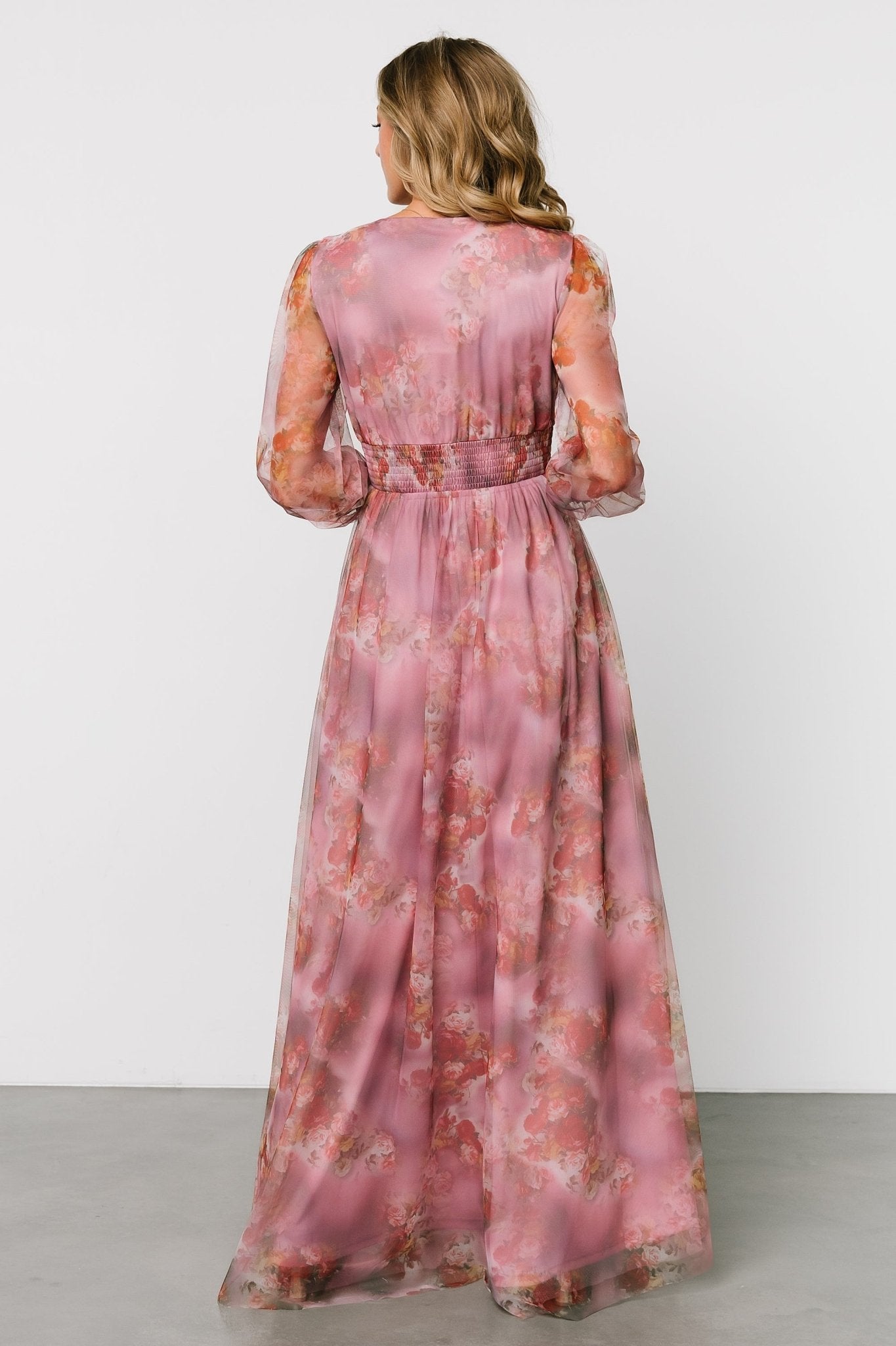 Floral Tulle Maxi Dress with Smocked Waist & V-Neck | Baltic Born