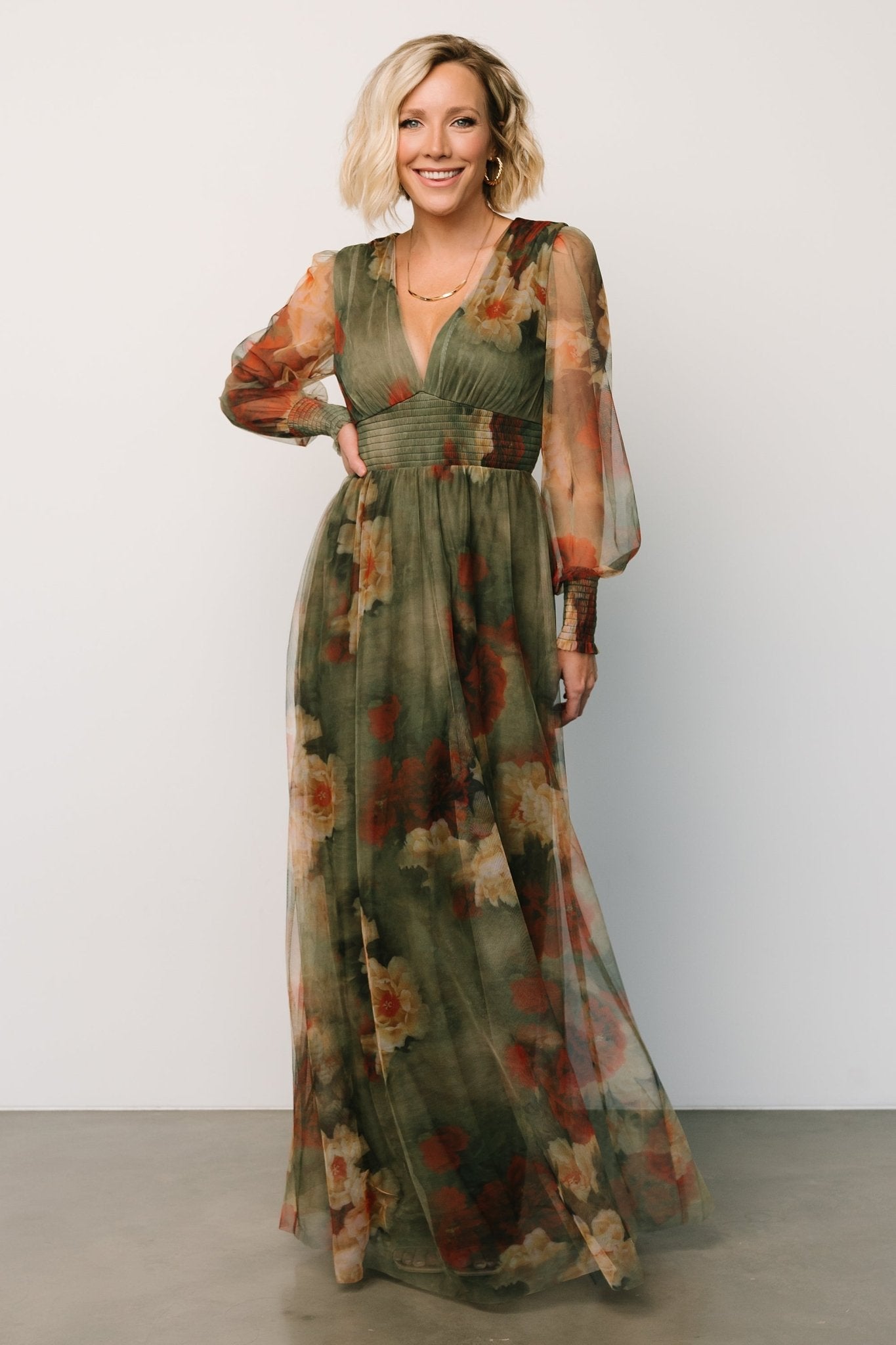 Floral Tulle Maxi Dress with Smocked Waist & Long Sleeves | Baltic Born
