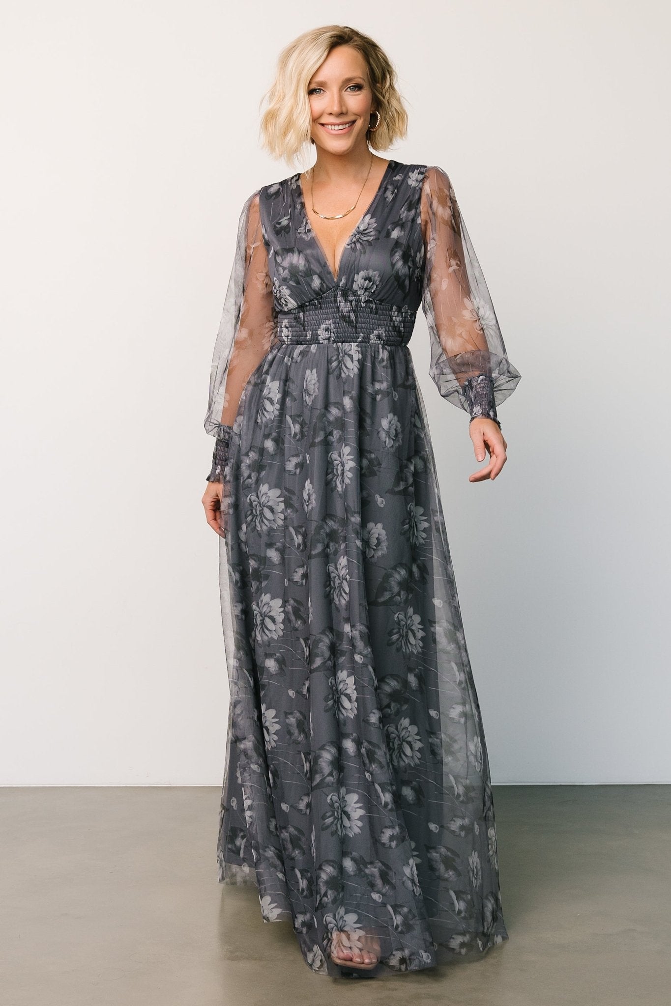 Slate Blue Floral Tulle Maxi Dress with Smocked Waist | Baltic Born