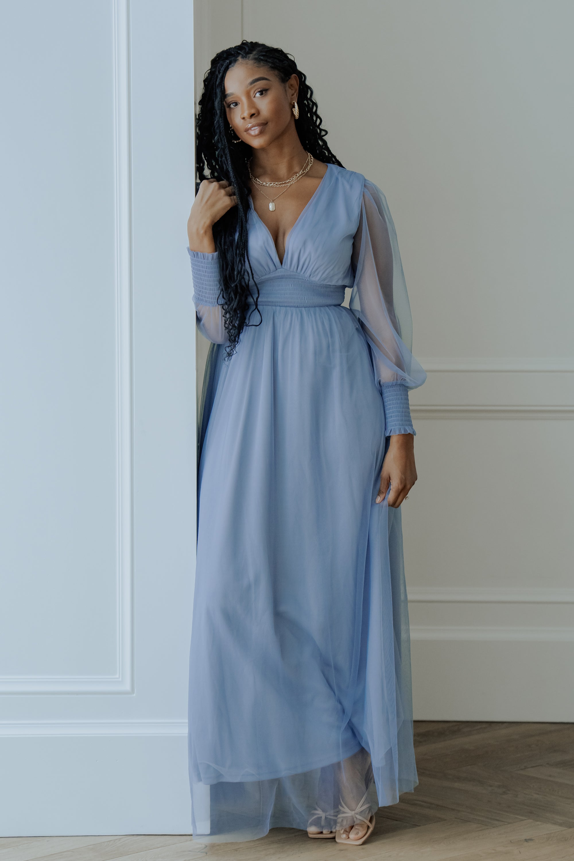 Whisper Blue Tulle Maxi Dress with Smocked Waist & Long Sleeves | Baltic Born