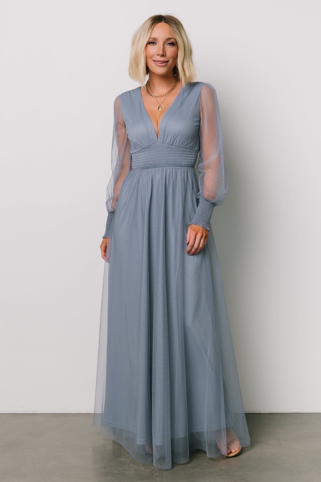 Whisper Blue Tulle Maxi Dress with Smocked Waist & Long Sleeves | Baltic Born