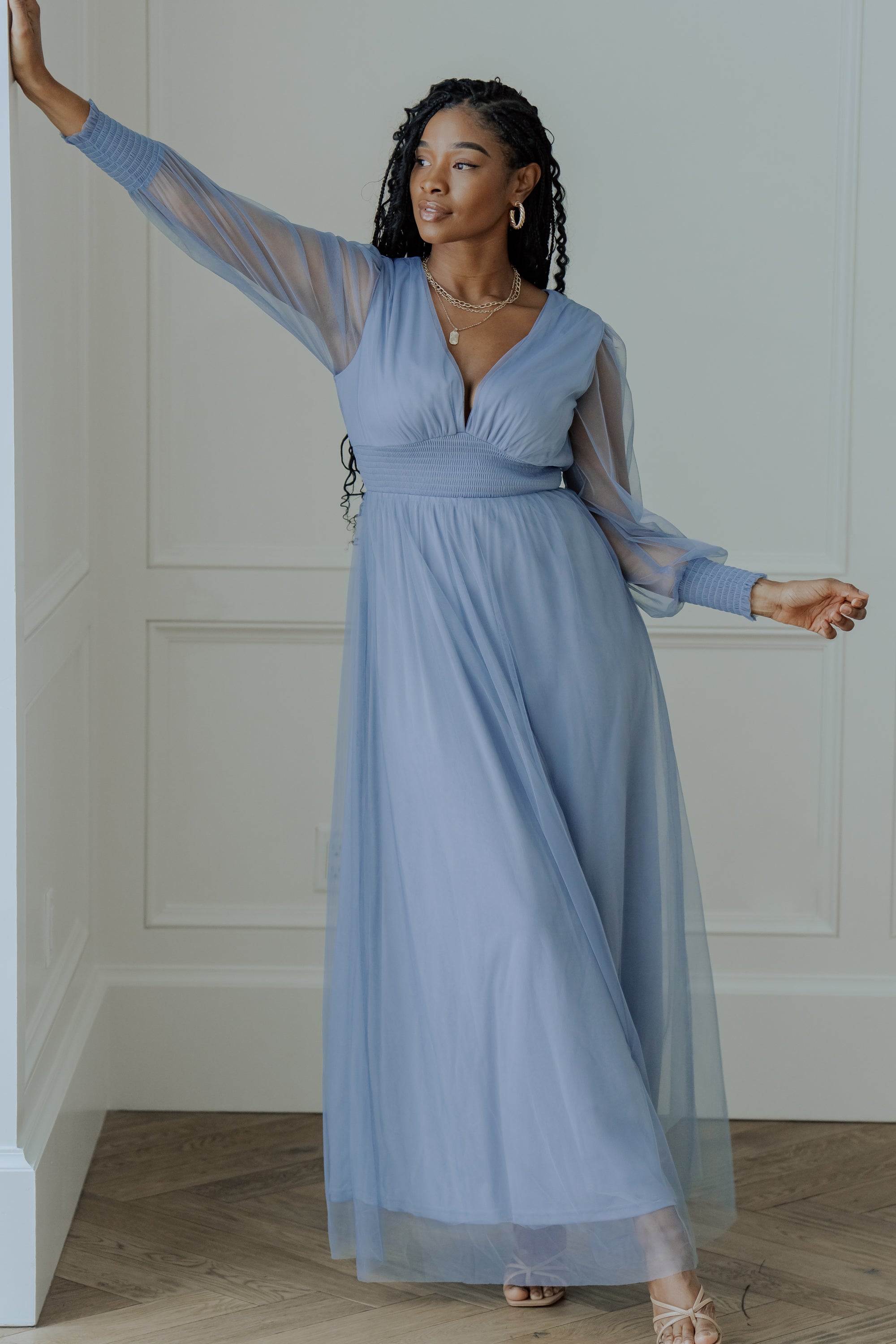 Whisper Blue Tulle Maxi Dress with Smocked Waist & Long Sleeves | Baltic Born