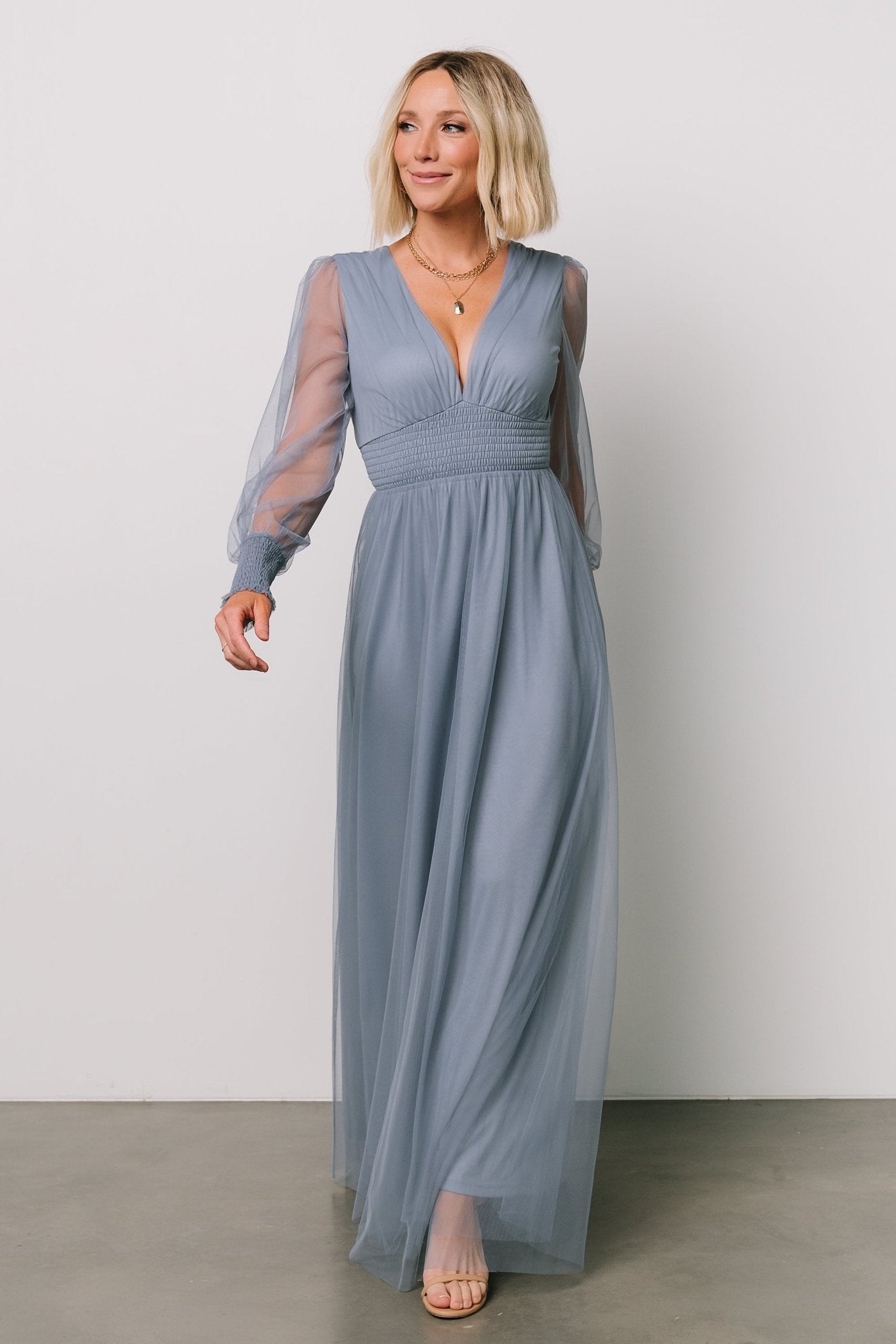 Whisper Blue Tulle Maxi Dress with Smocked Waist & Long Sleeves | Baltic Born