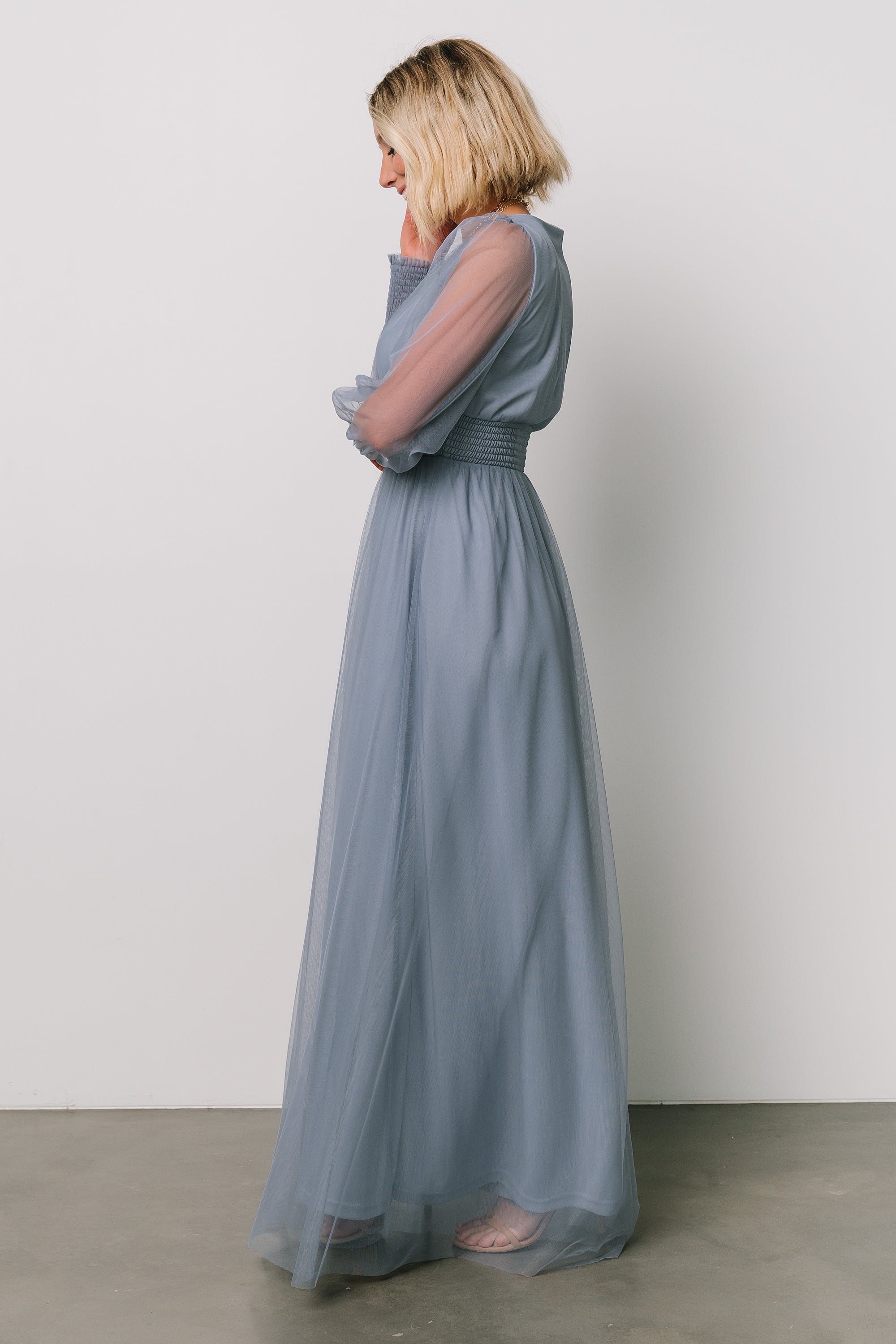 Whisper Blue Tulle Maxi Dress with Smocked Waist & Long Sleeves | Baltic Born