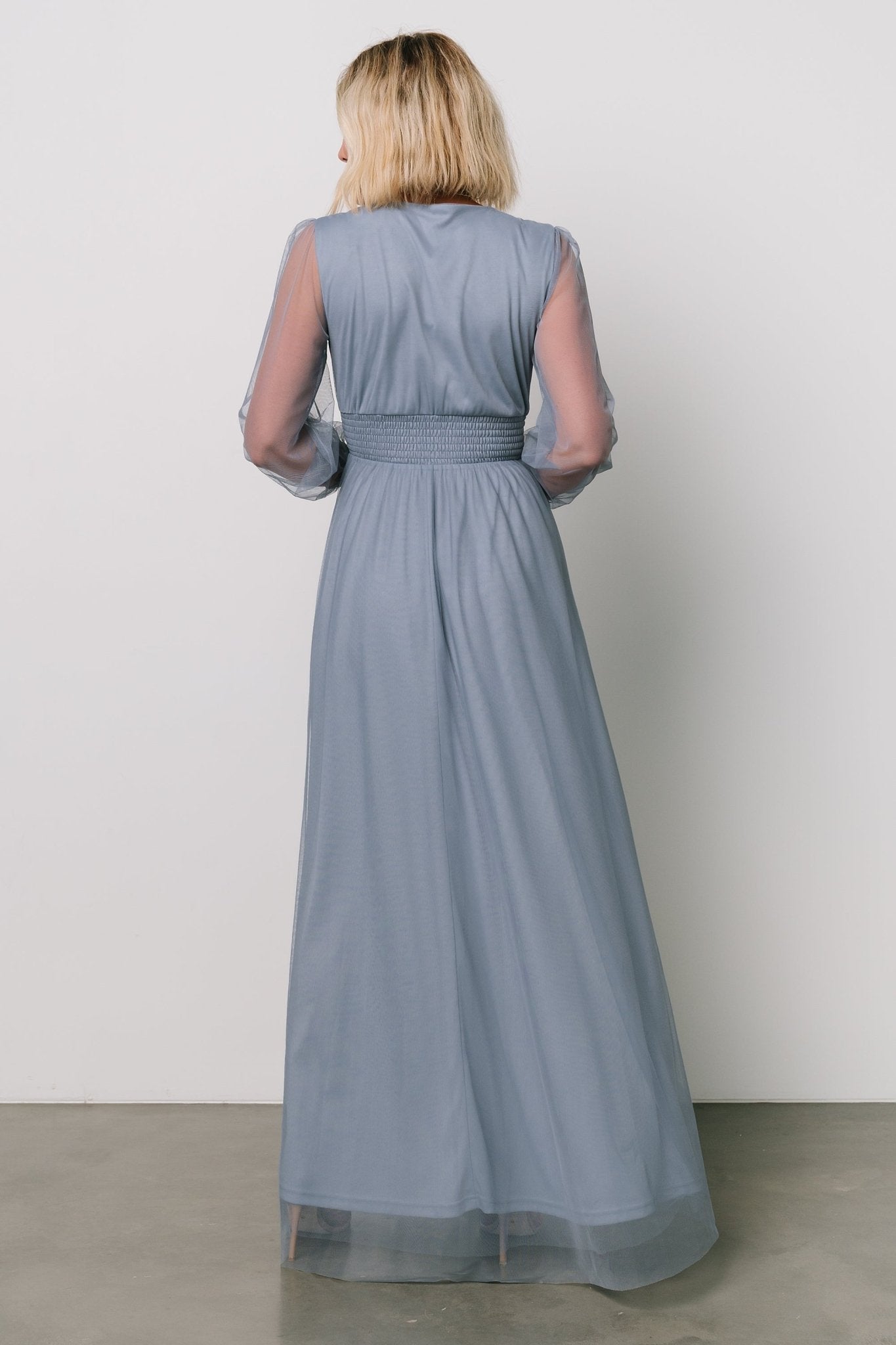 Whisper Blue Tulle Maxi Dress with Smocked Waist & Long Sleeves | Baltic Born