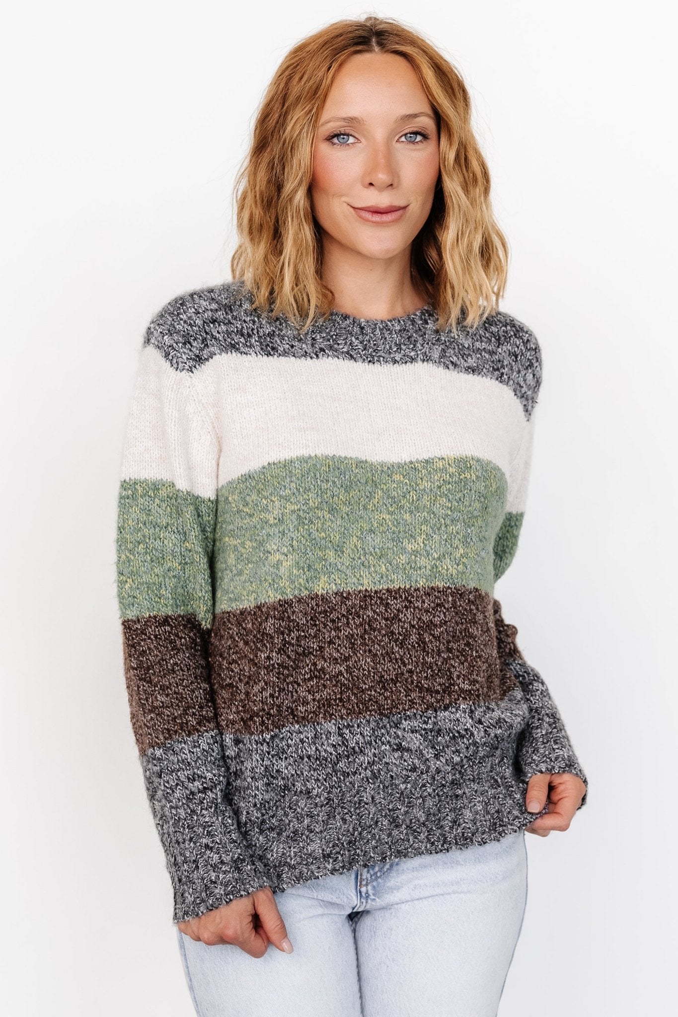 Color Block Sweater with Dropped Shoulder & Ribbed Cuffs | Ledger
