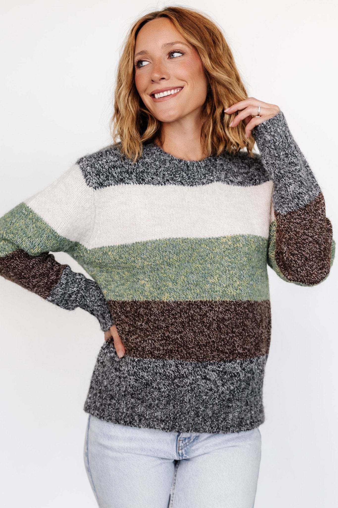 Color Block Sweater with Dropped Shoulder & Ribbed Cuffs | Ledger