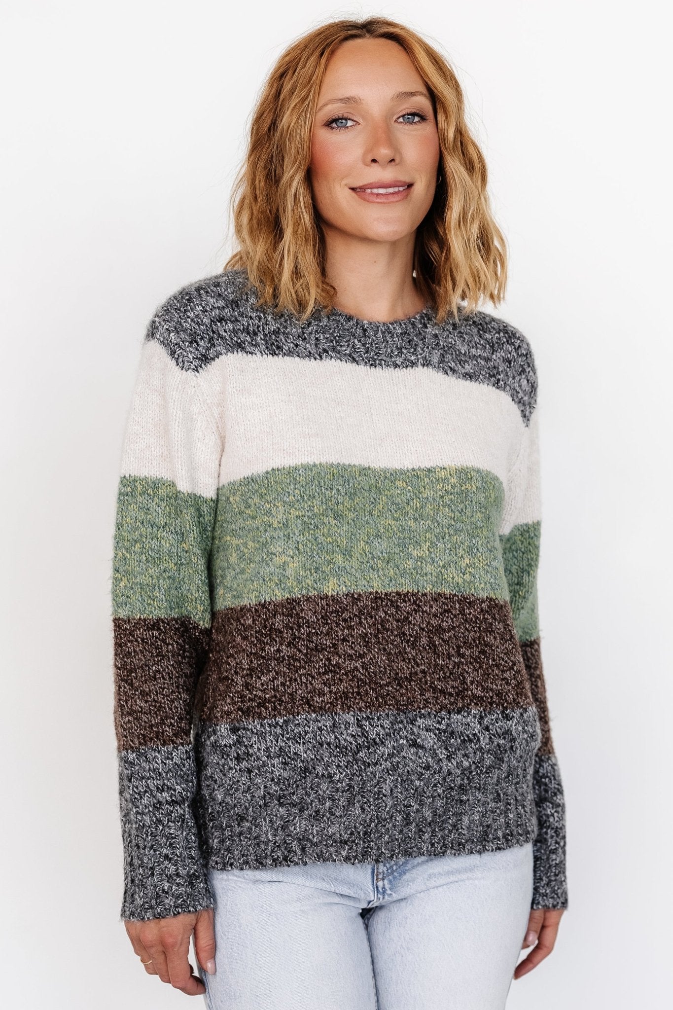 Color Block Sweater with Dropped Shoulder & Ribbed Cuffs | Ledger
