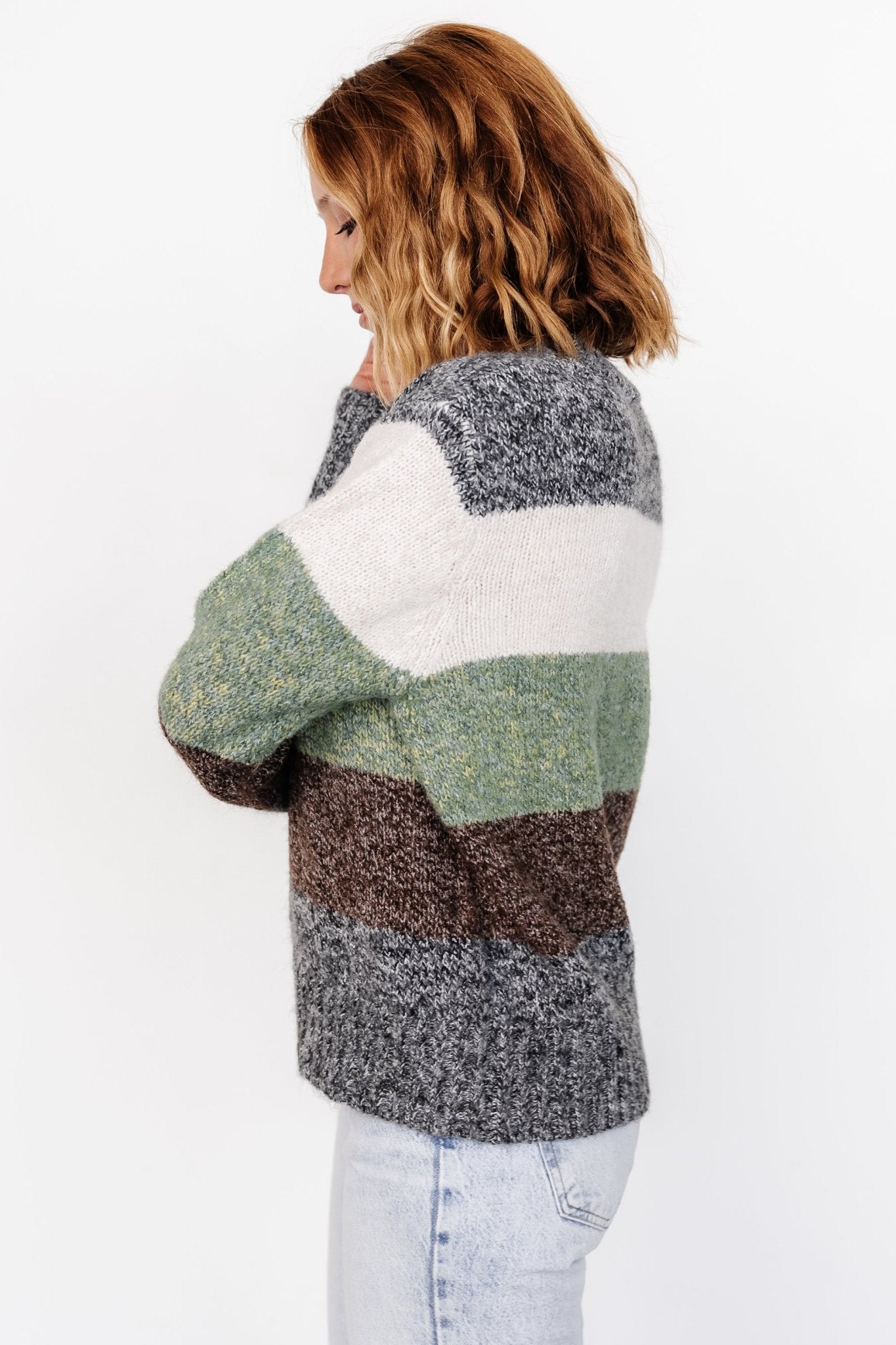 Color Block Sweater with Dropped Shoulder & Ribbed Cuffs | Ledger