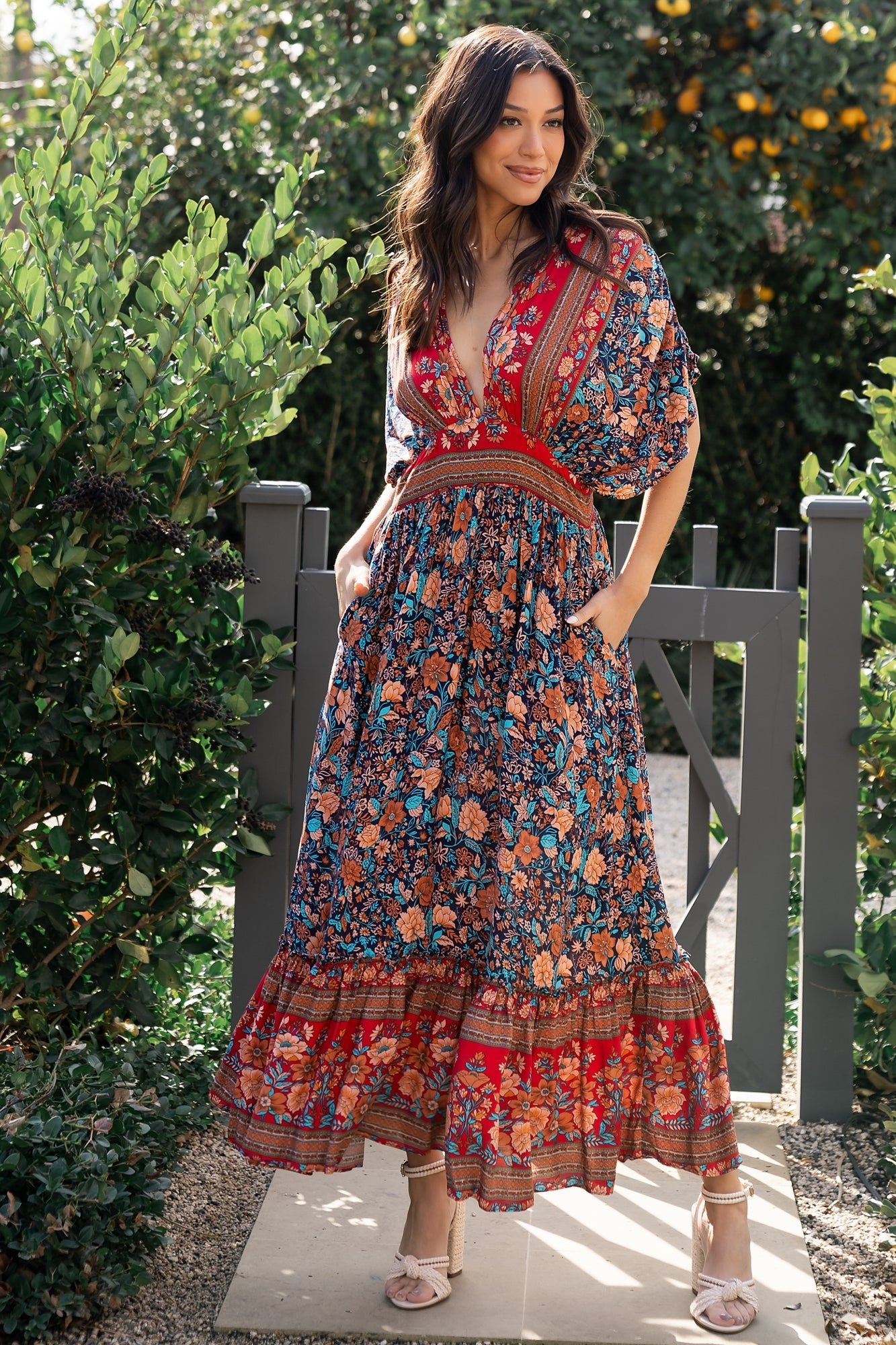 Boho Floral Midi Dress with V-Neck & Side Pockets | Baltic Born