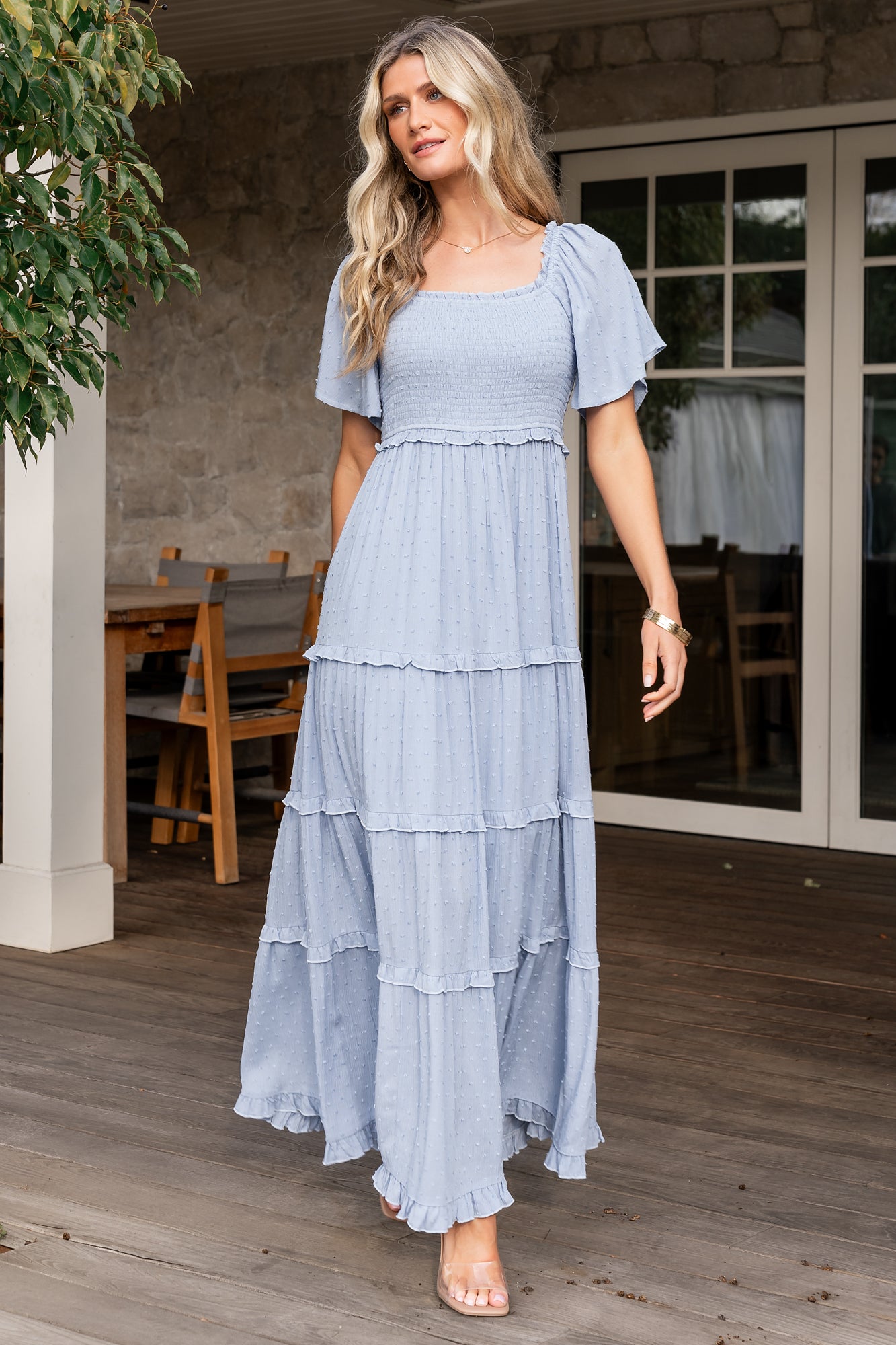 Dusty Blue Smocked Maxi Dress with Ruffled Waist | Lenora