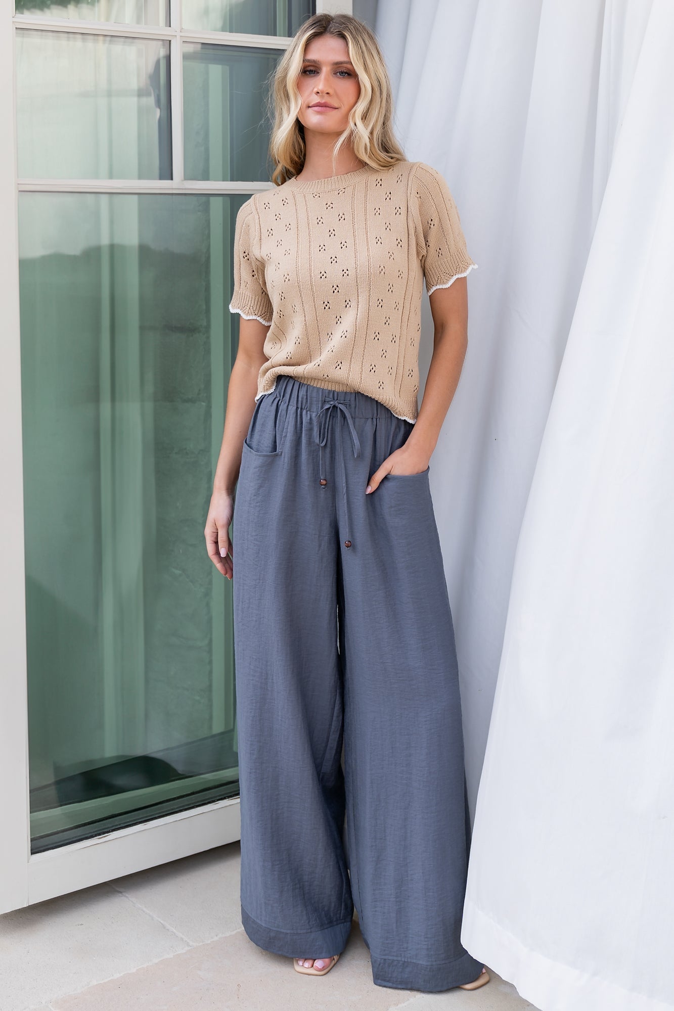 Slate Blue Wide Leg Pants for Women | Linen-Like with Pockets | Leza