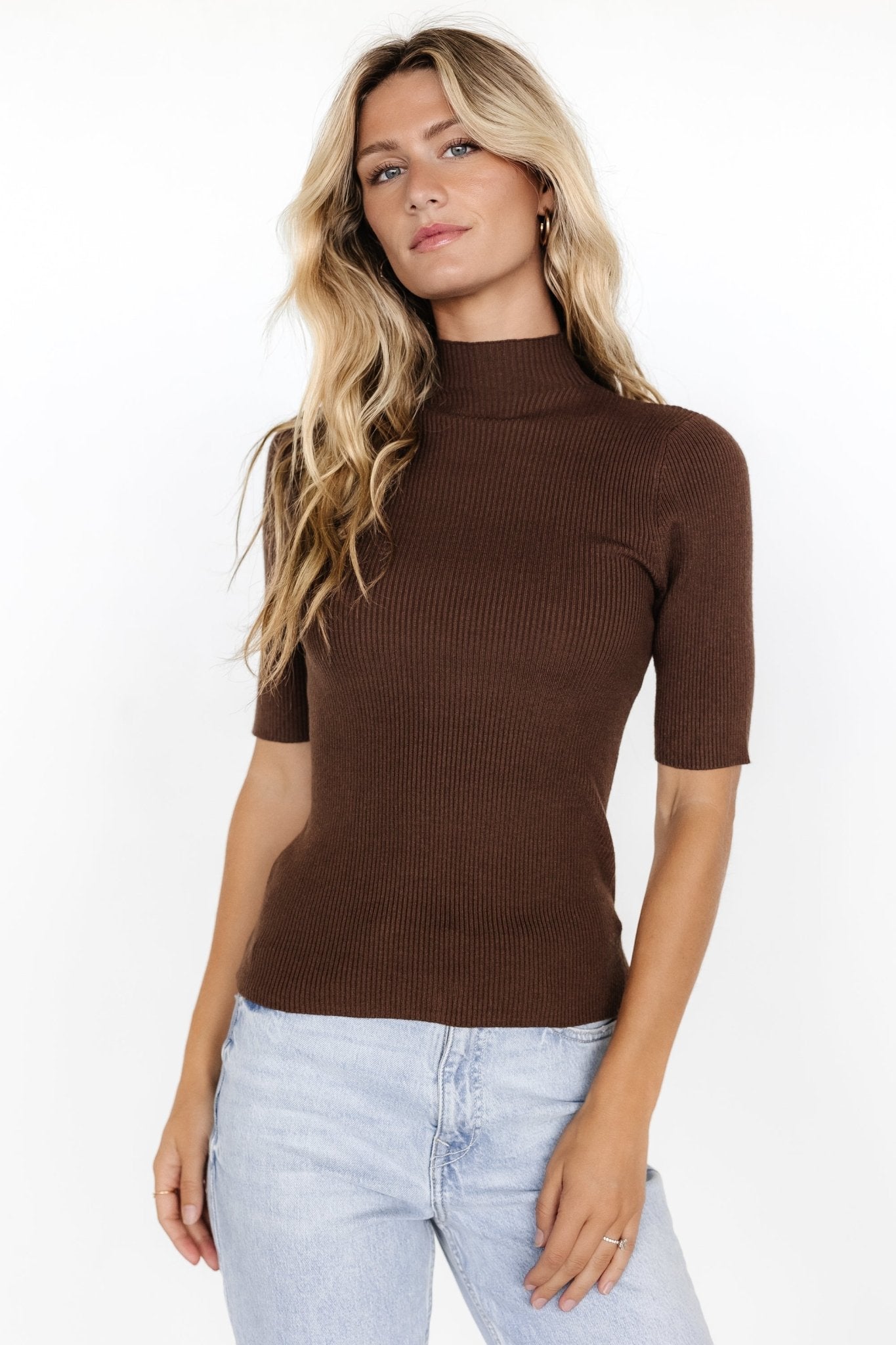 Ribbed Knit Top with Mock Neck & Mid Sleeves | Liel