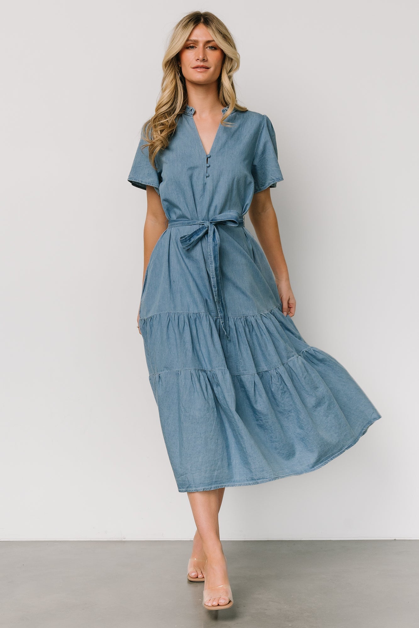 Chambray Midi Dress with V-Neck & Pockets | Lisa Casual Wear