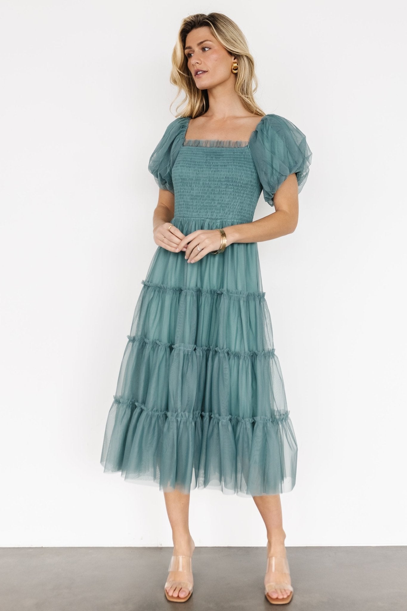 Eucalyptus Tulle Midi Dress with Ruffle Sleeves | Liv