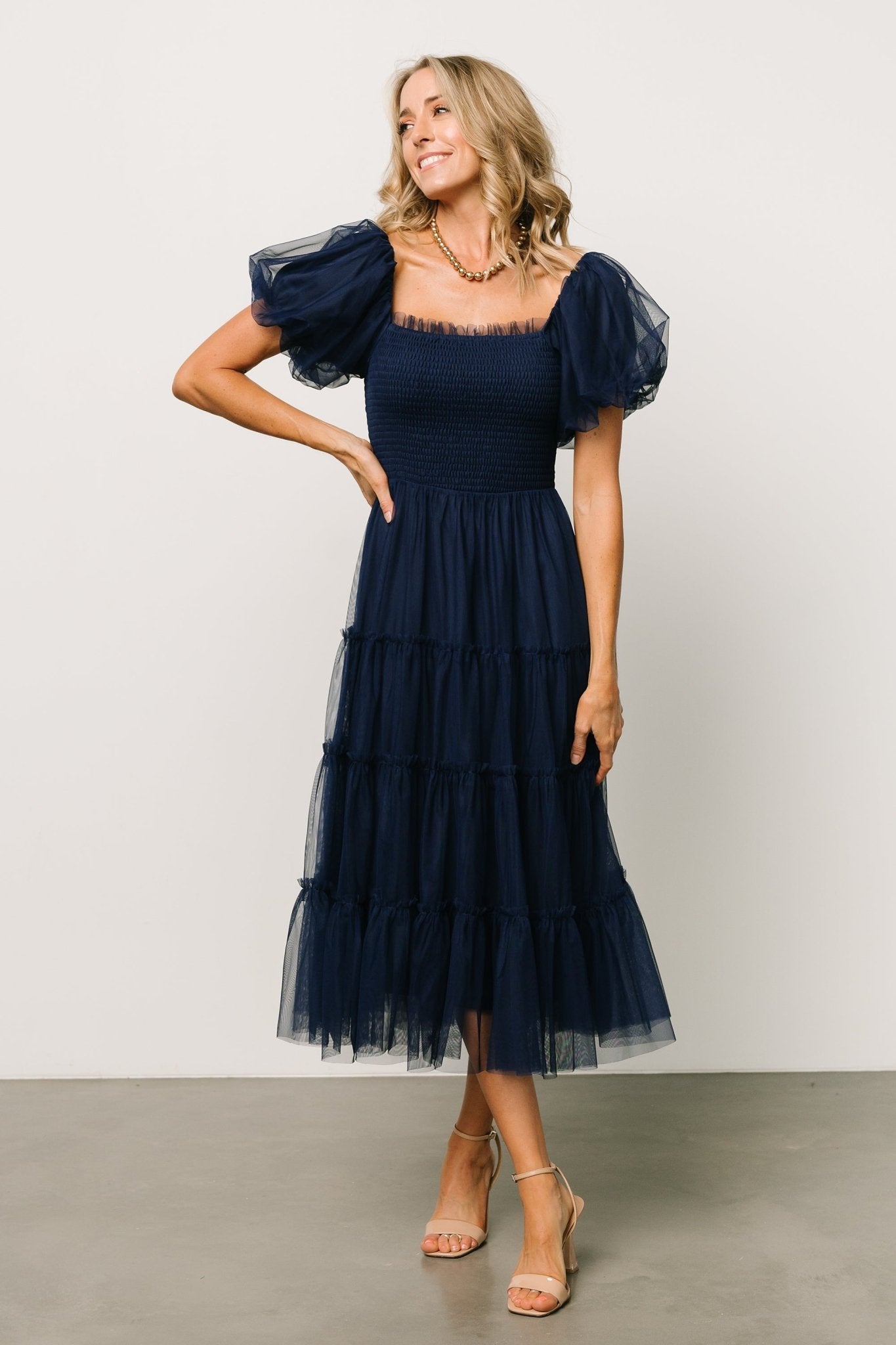 Navy Tulle Midi Dress with Ruffle Sleeves & Smocked Bodice | Liv