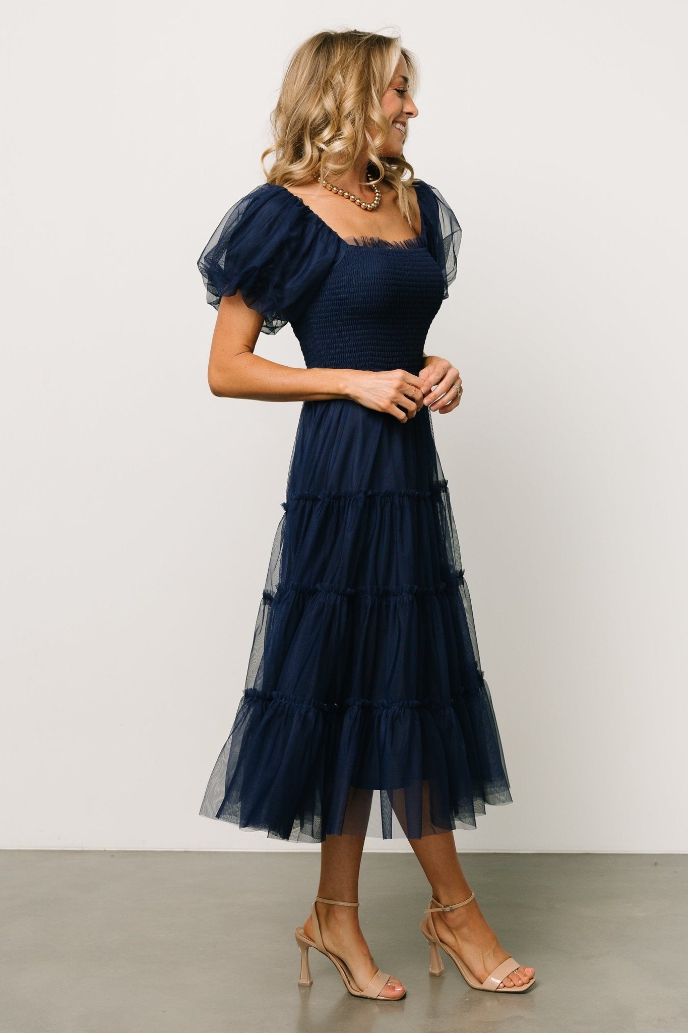Navy Tulle Midi Dress with Ruffle Sleeves & Smocked Bodice | Liv