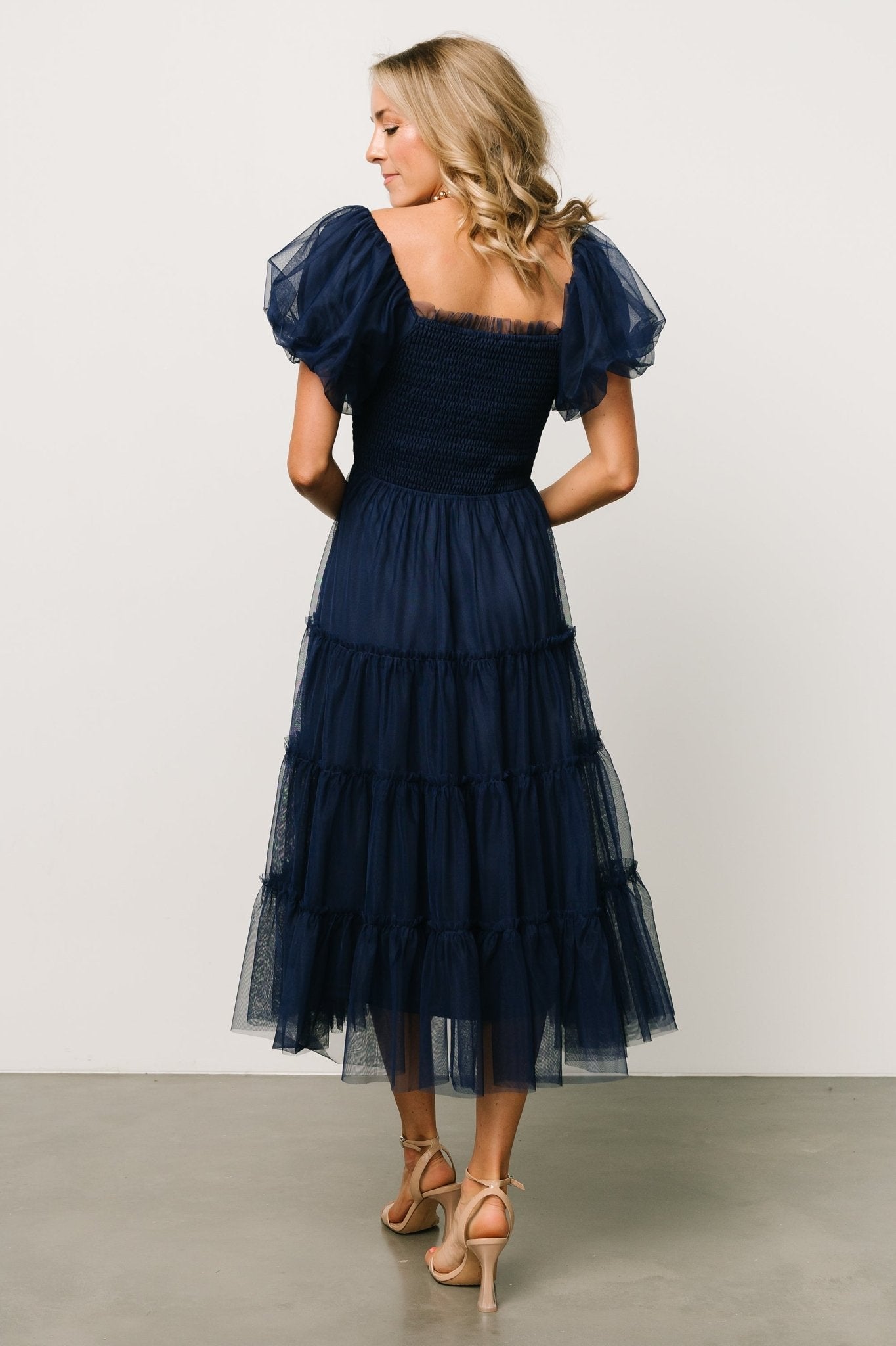 Navy Tulle Midi Dress with Ruffle Sleeves & Smocked Bodice | Liv