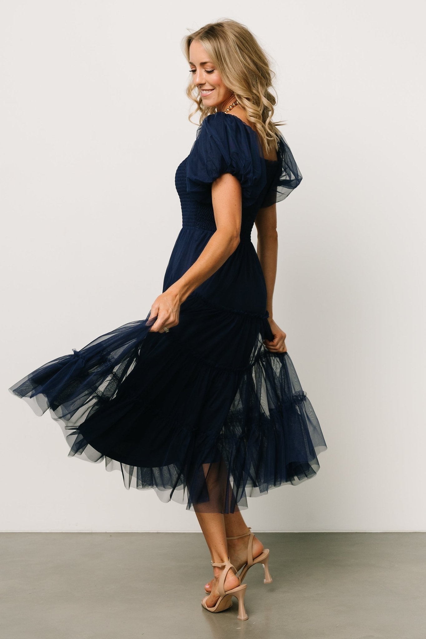 Navy Tulle Midi Dress with Ruffle Sleeves & Smocked Bodice | Liv