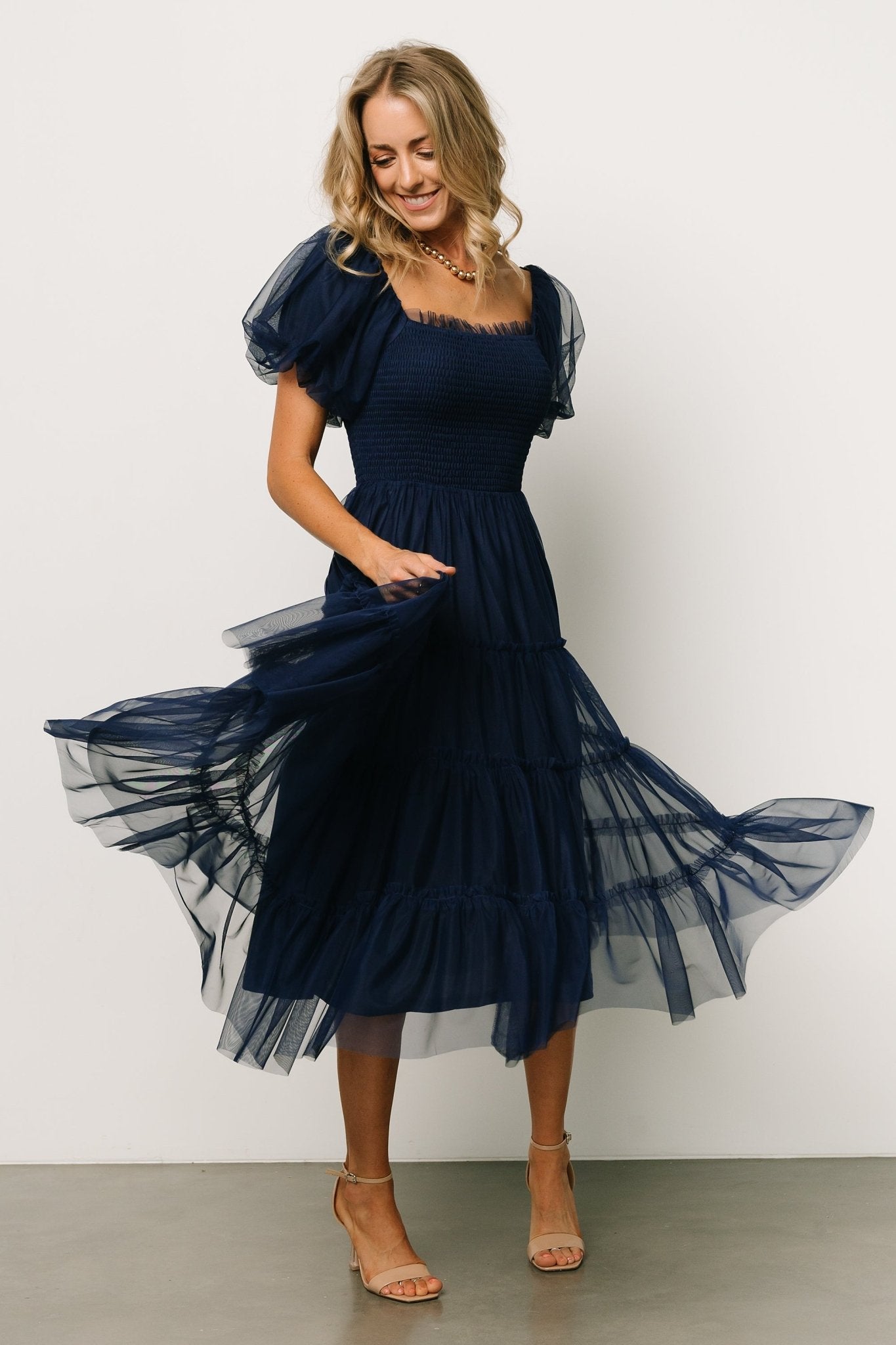 Navy Tulle Midi Dress with Ruffle Sleeves & Smocked Bodice | Liv