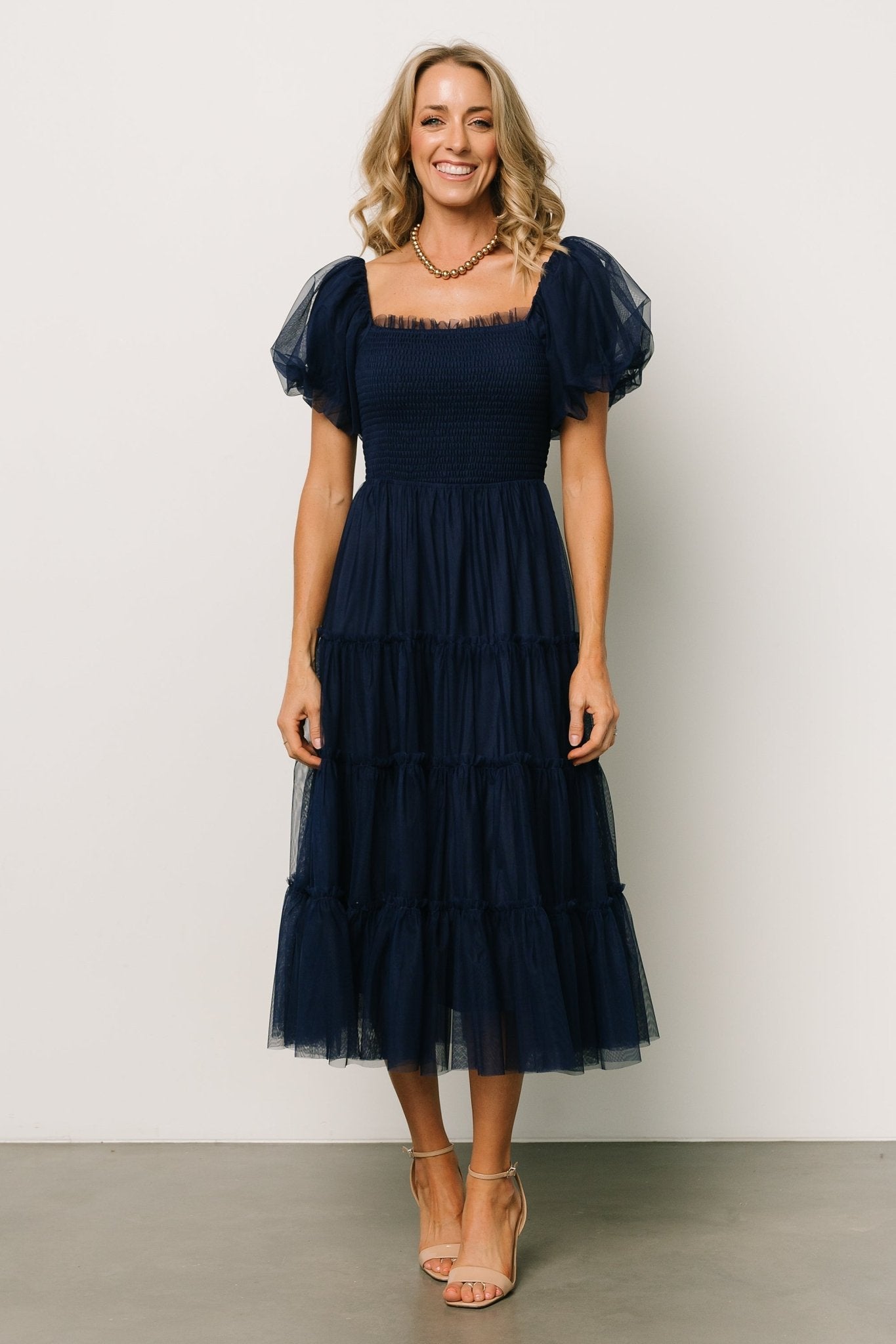 Navy Tulle Midi Dress with Ruffle Sleeves & Smocked Bodice | Liv