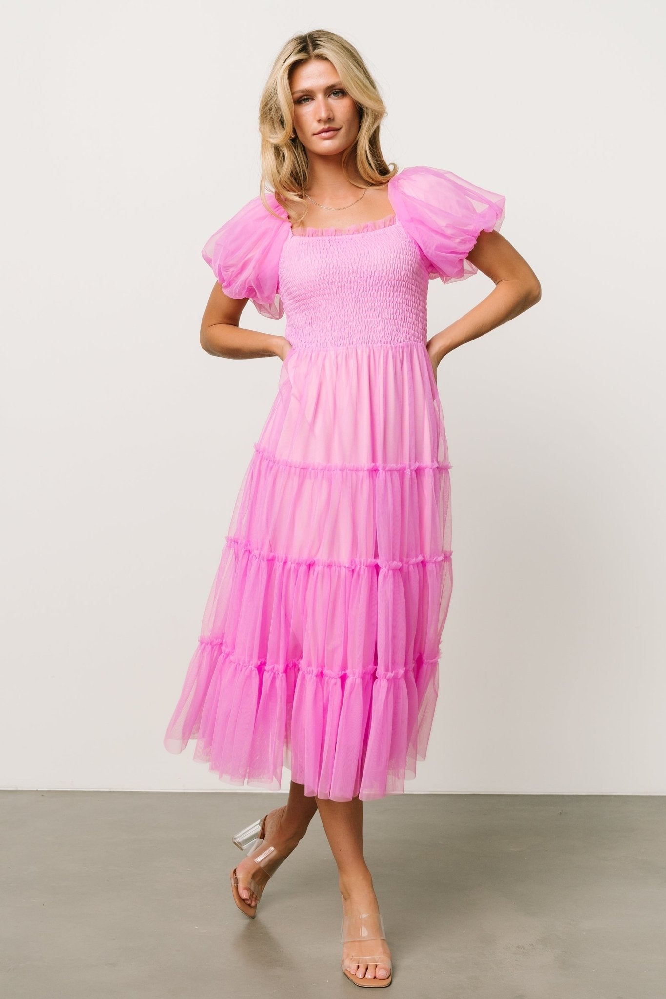 Pink Tulle Midi Dress with Ruffle Sleeves & Smocked Bodice | Liv