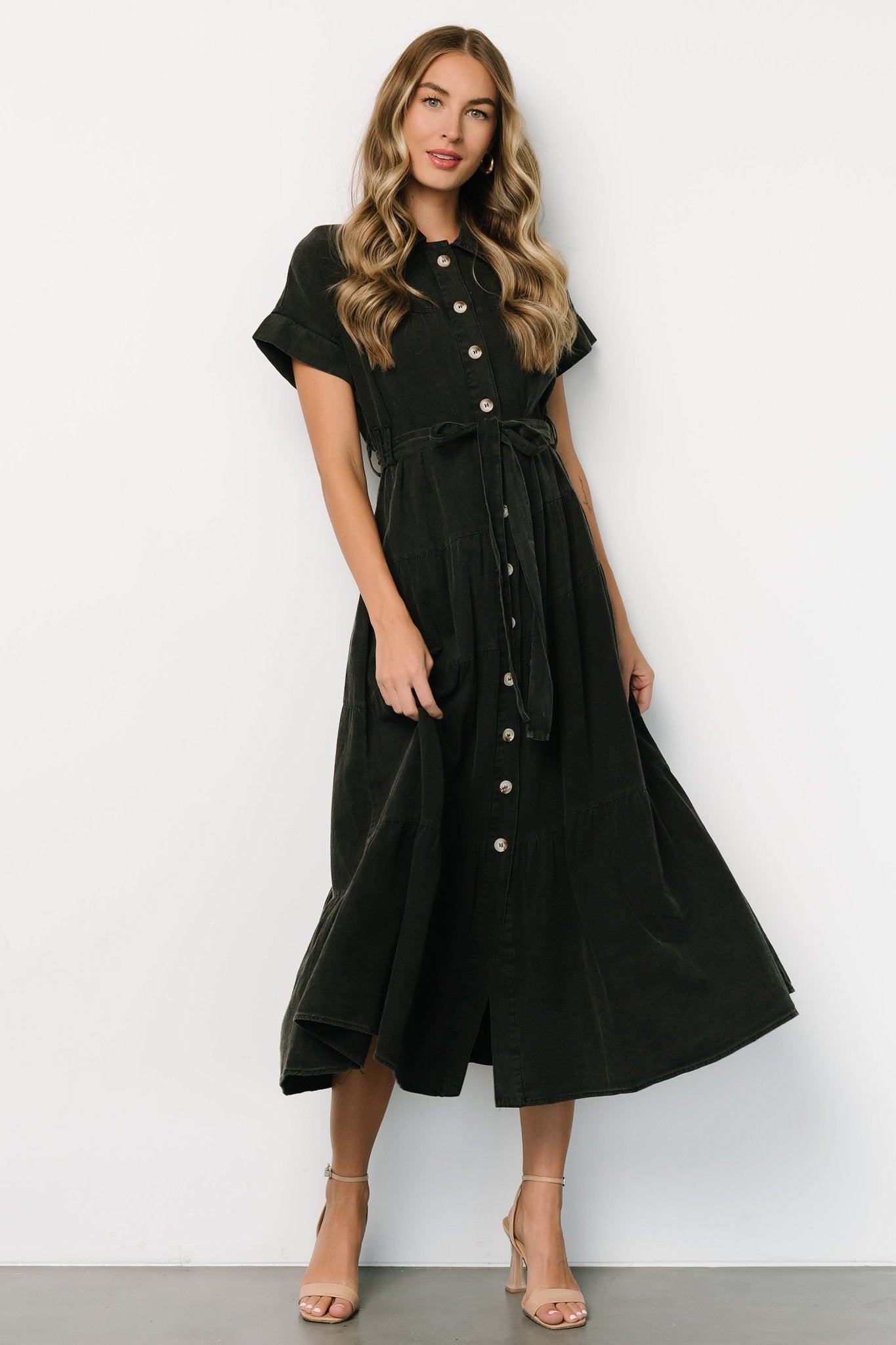 Black Cotton-Poly Blend Button Up Dress with Removable Sash | Logan