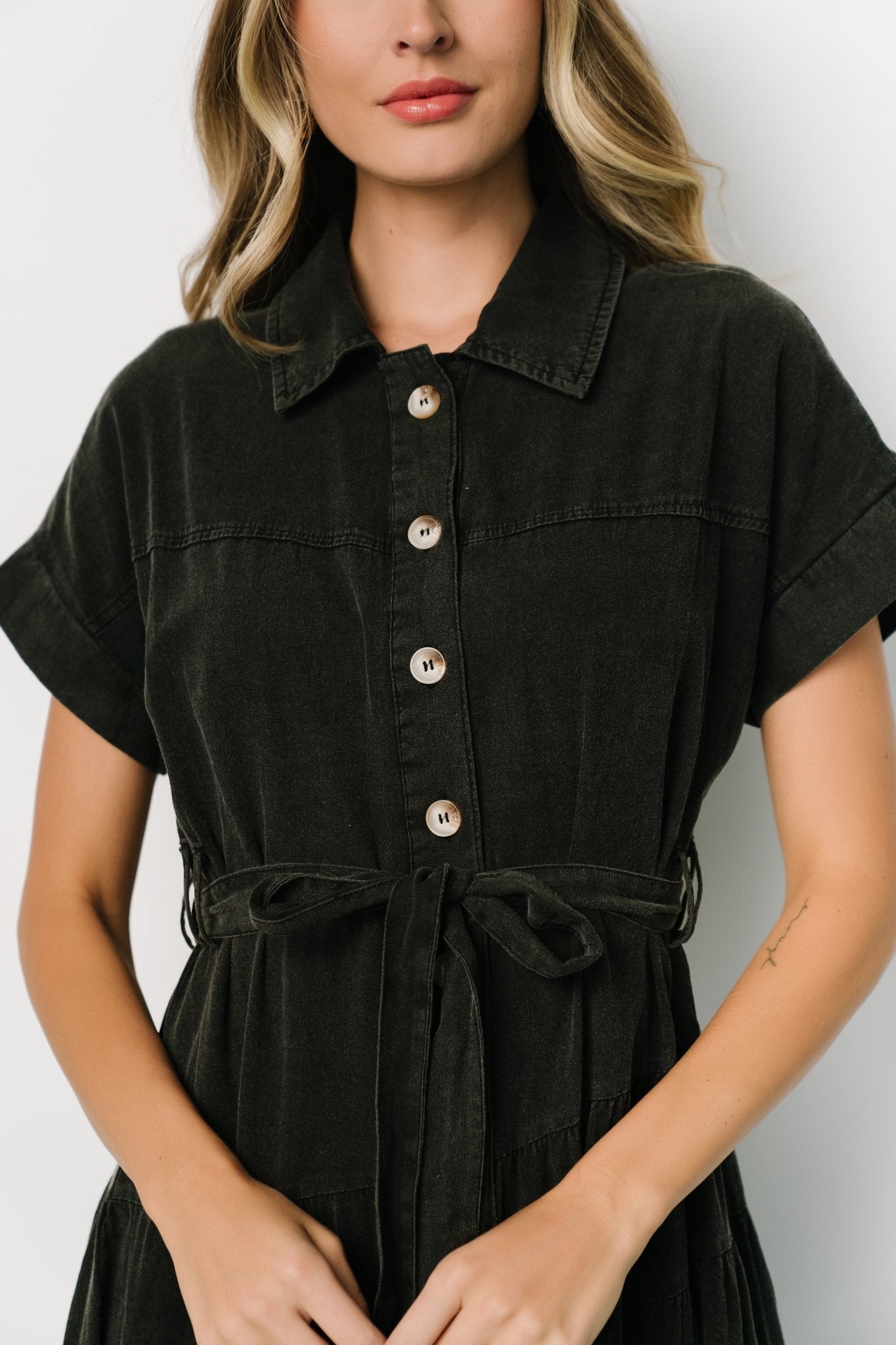 Black Cotton-Poly Blend Button Up Dress with Removable Sash | Logan