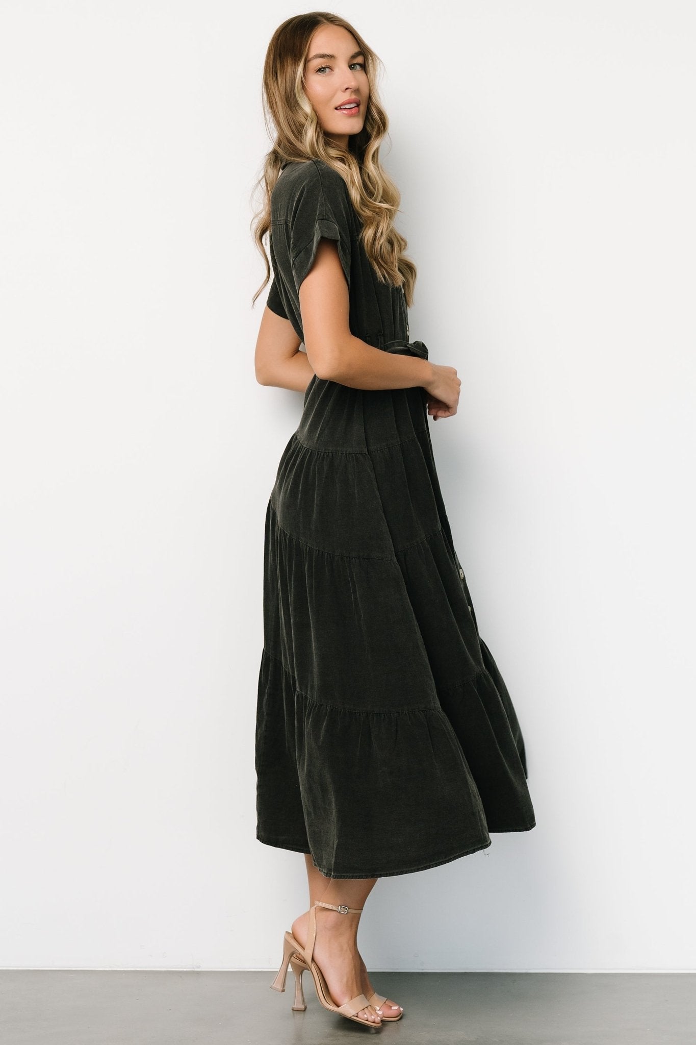 Black Cotton-Poly Blend Button Up Dress with Removable Sash | Logan