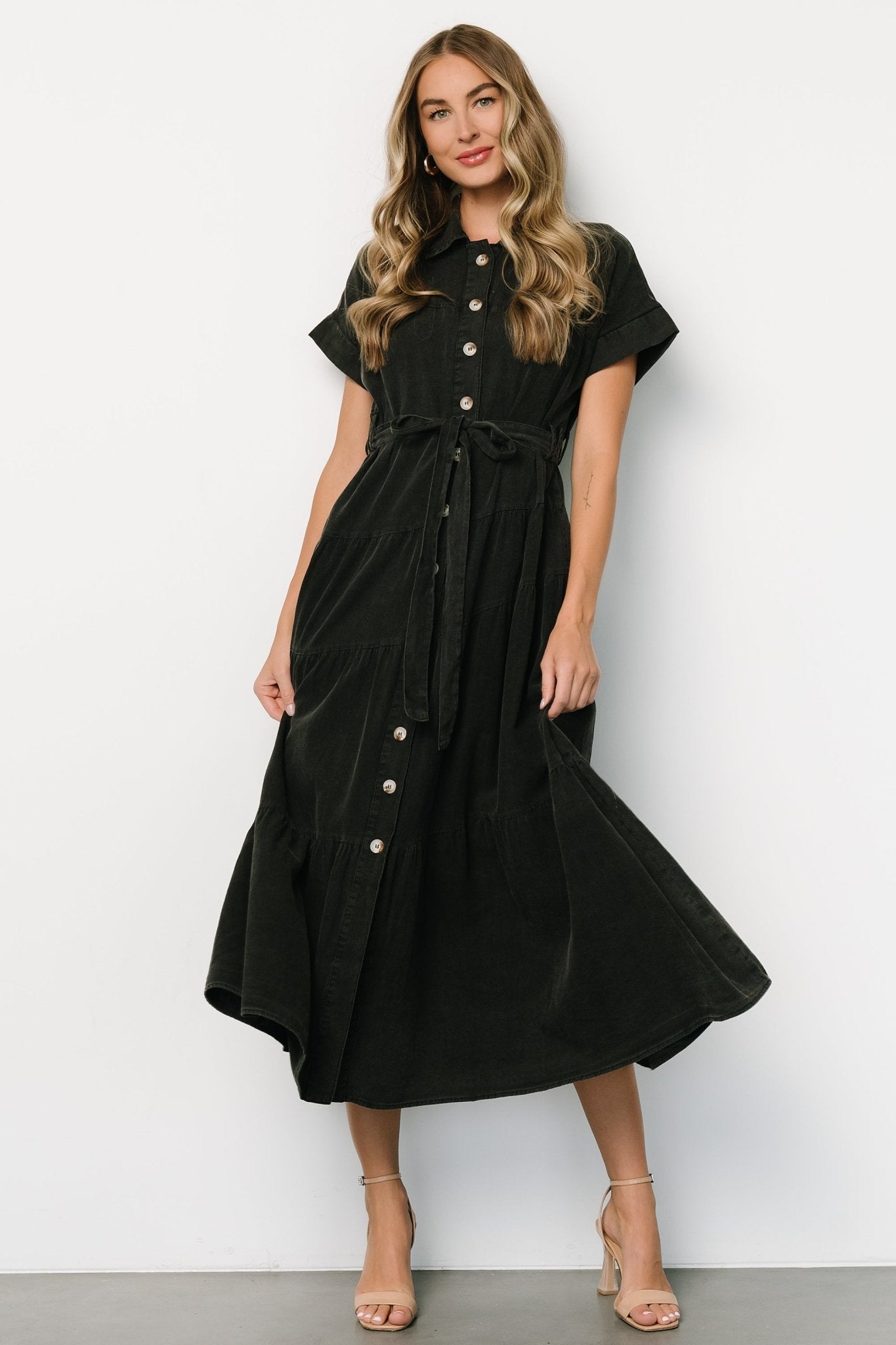 Black Cotton-Poly Blend Button Up Dress with Removable Sash | Logan