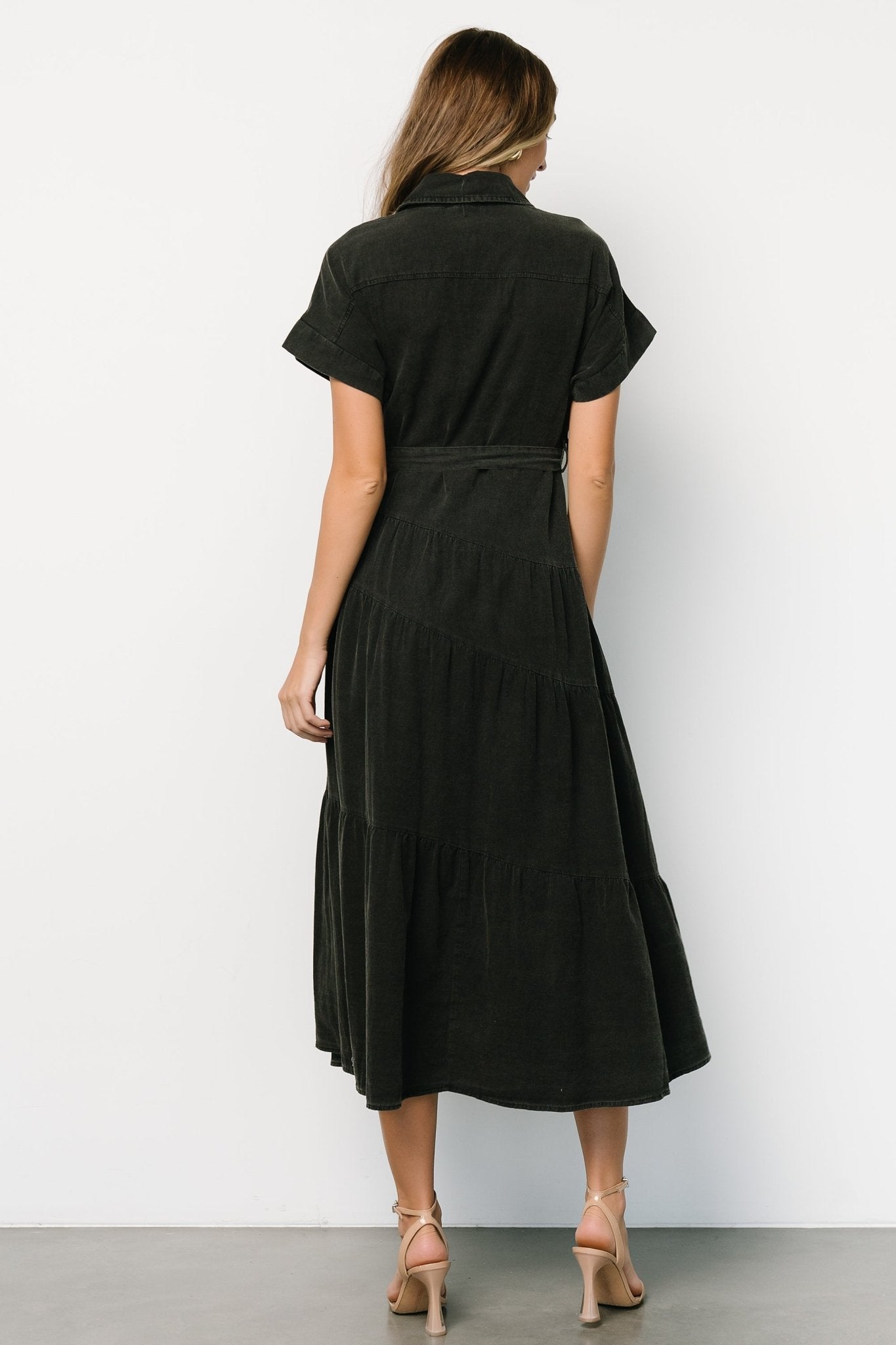 Black Cotton-Poly Blend Button Up Dress with Removable Sash | Logan