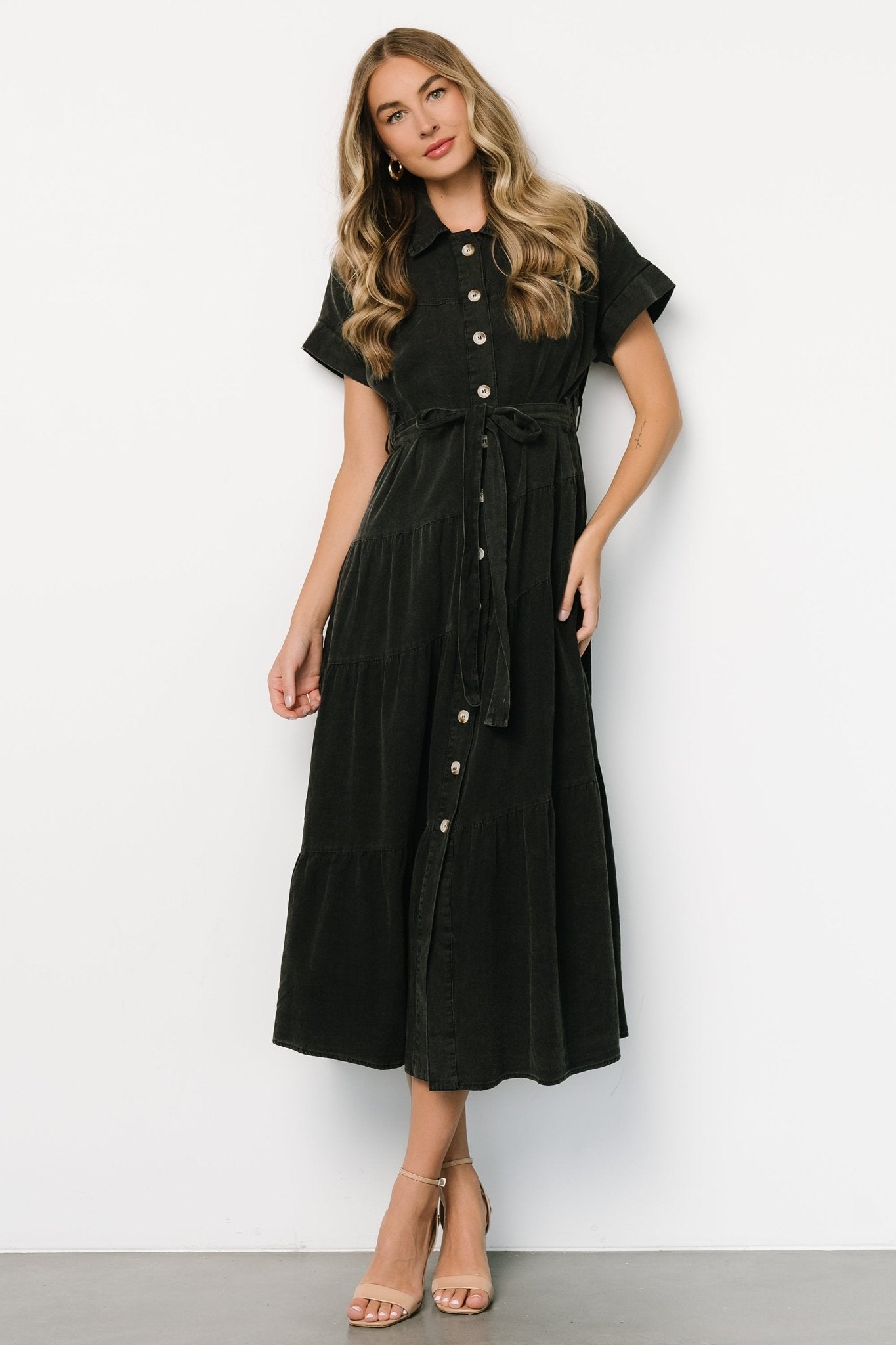 Black Cotton-Poly Blend Button Up Dress with Removable Sash | Logan