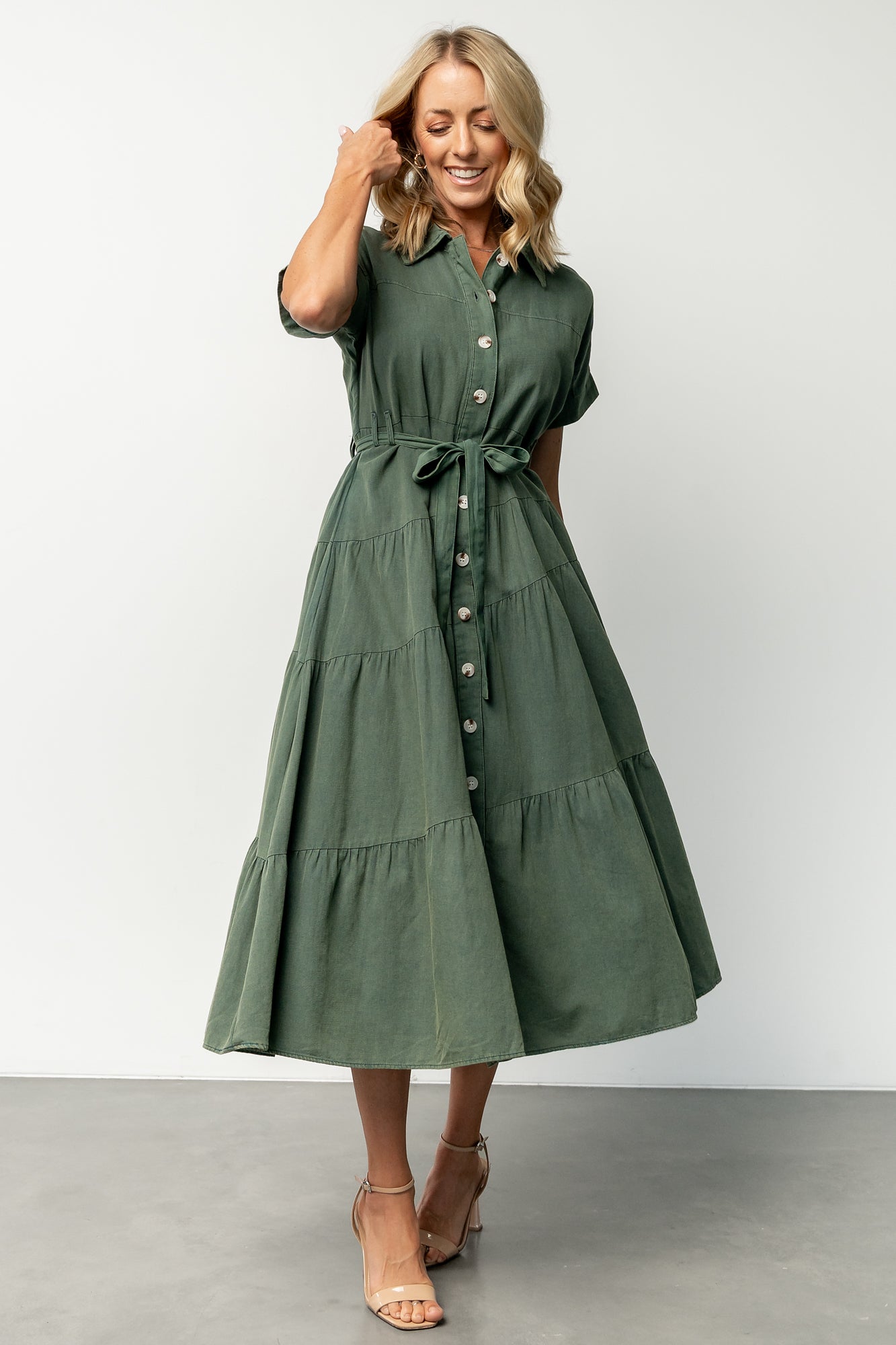 Green Cotton-Poly Blend Button Up Dress with Removable Sash | Logan