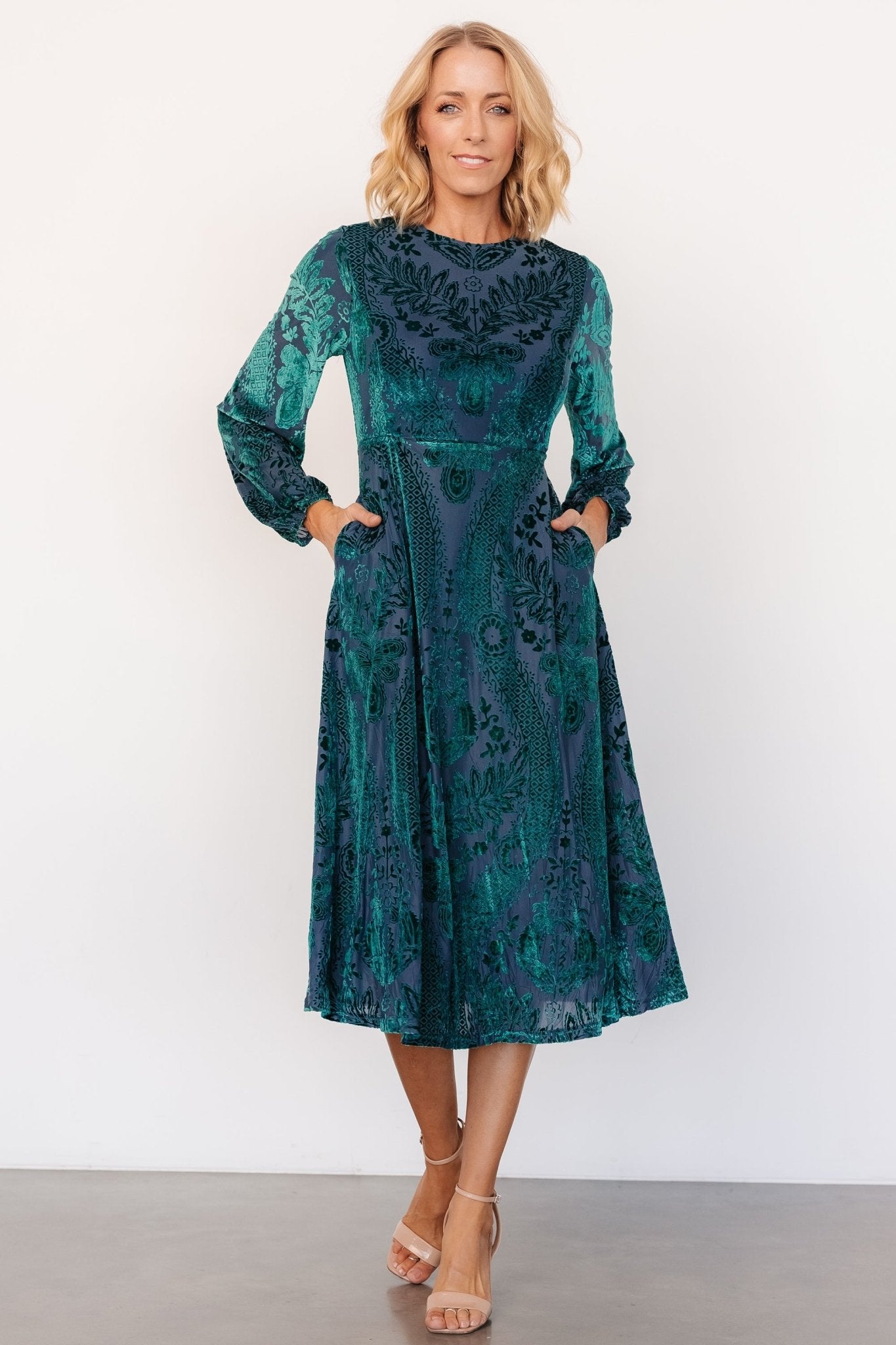 Velvet Midi Dress with Floral Print & Hidden Pockets | Lorielle
