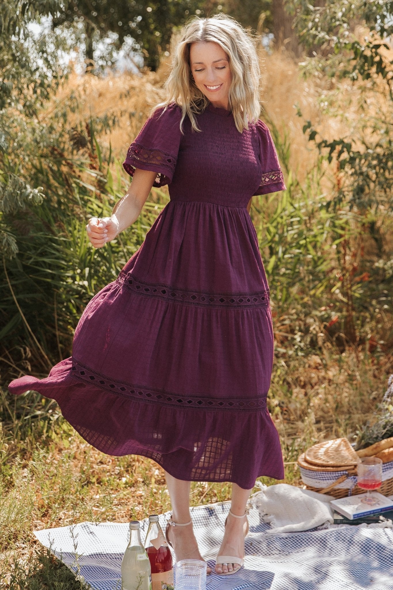 Lace Maxi Dress with Smocked Bodice & Side Pockets | Loveland Geo