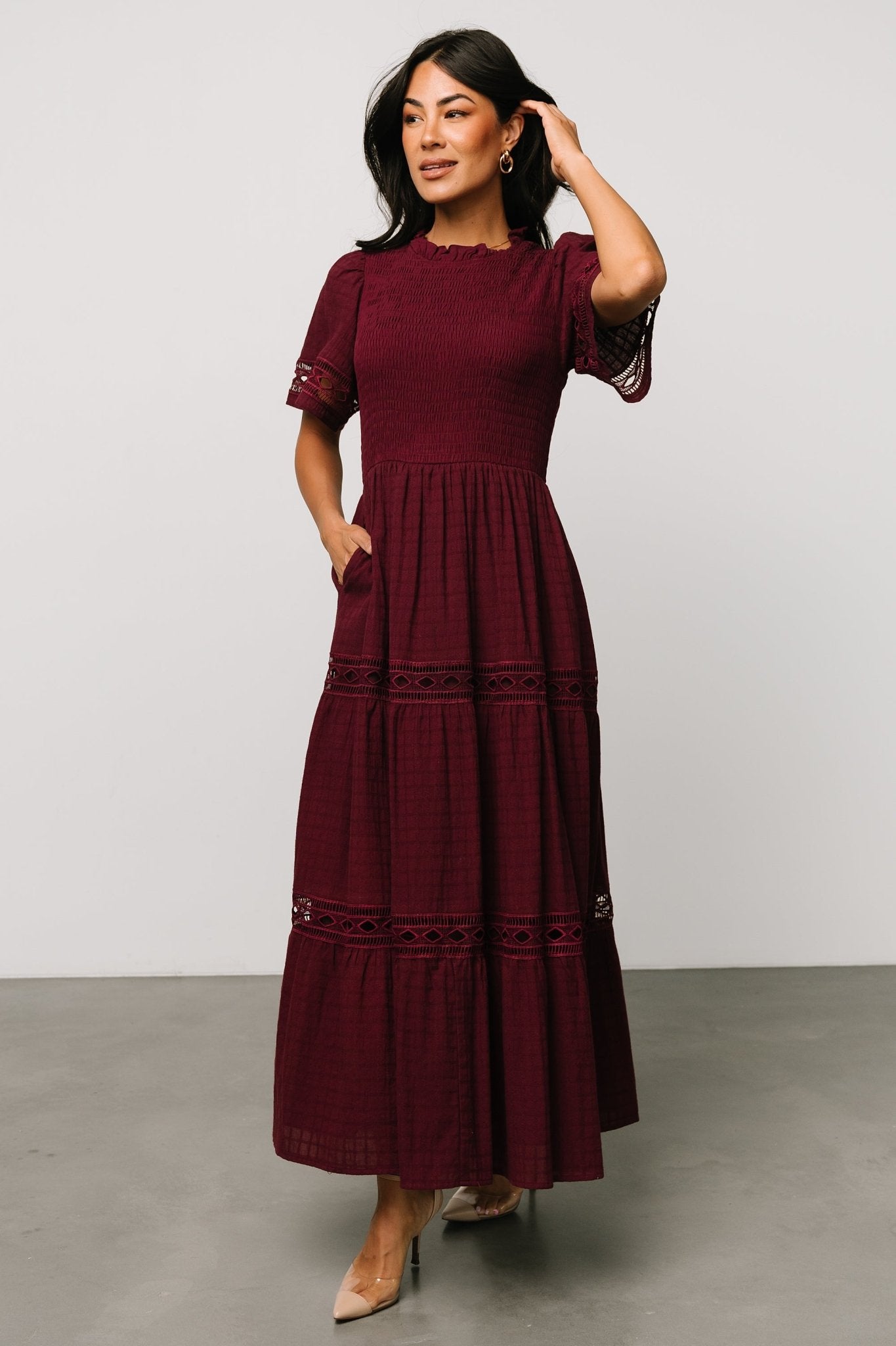 Lace Maxi Dress with Smocked Bodice & Side Pockets | Loveland Geo