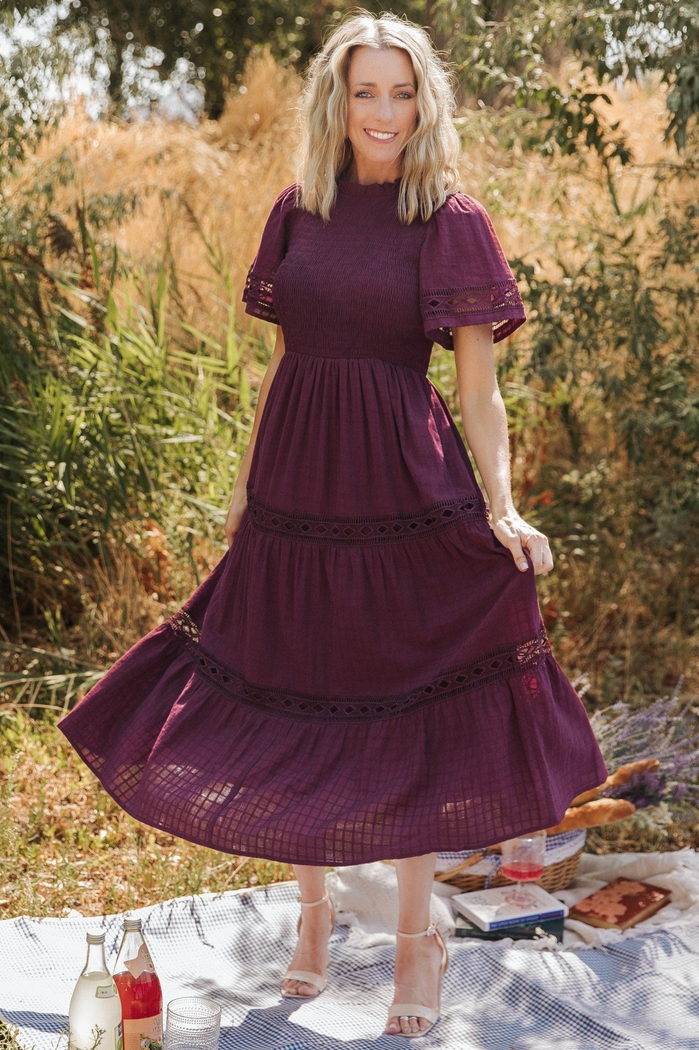 Lace Maxi Dress with Smocked Bodice & Side Pockets | Loveland Geo