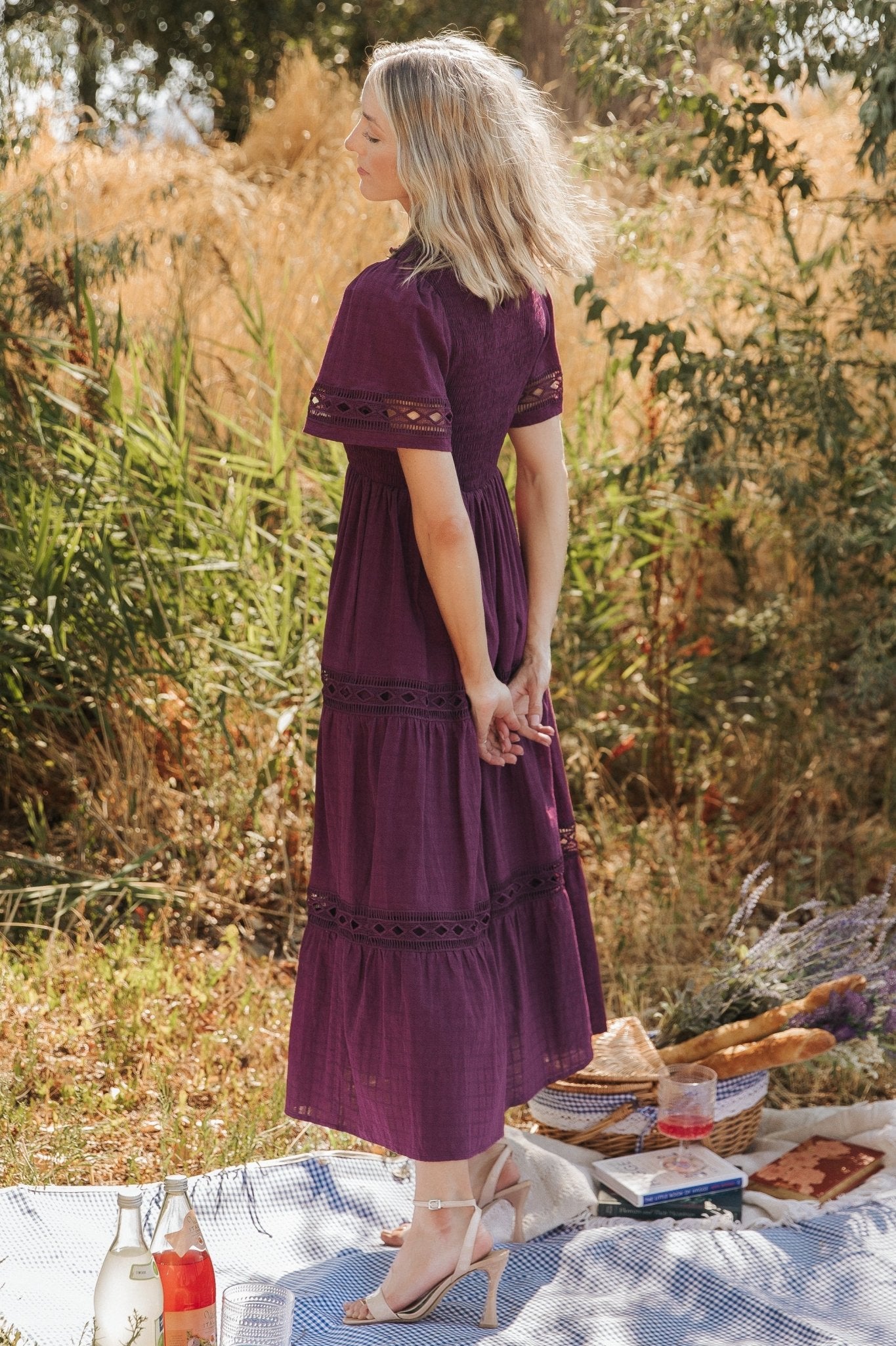Lace Maxi Dress with Smocked Bodice & Side Pockets | Loveland Geo