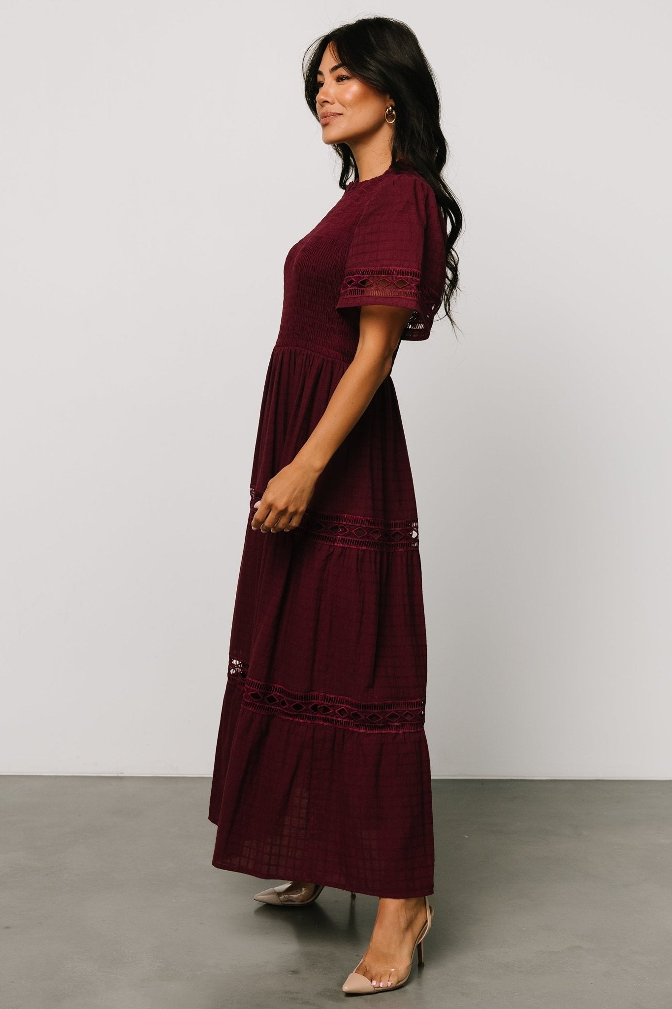 Lace Maxi Dress with Smocked Bodice & Side Pockets | Loveland Geo