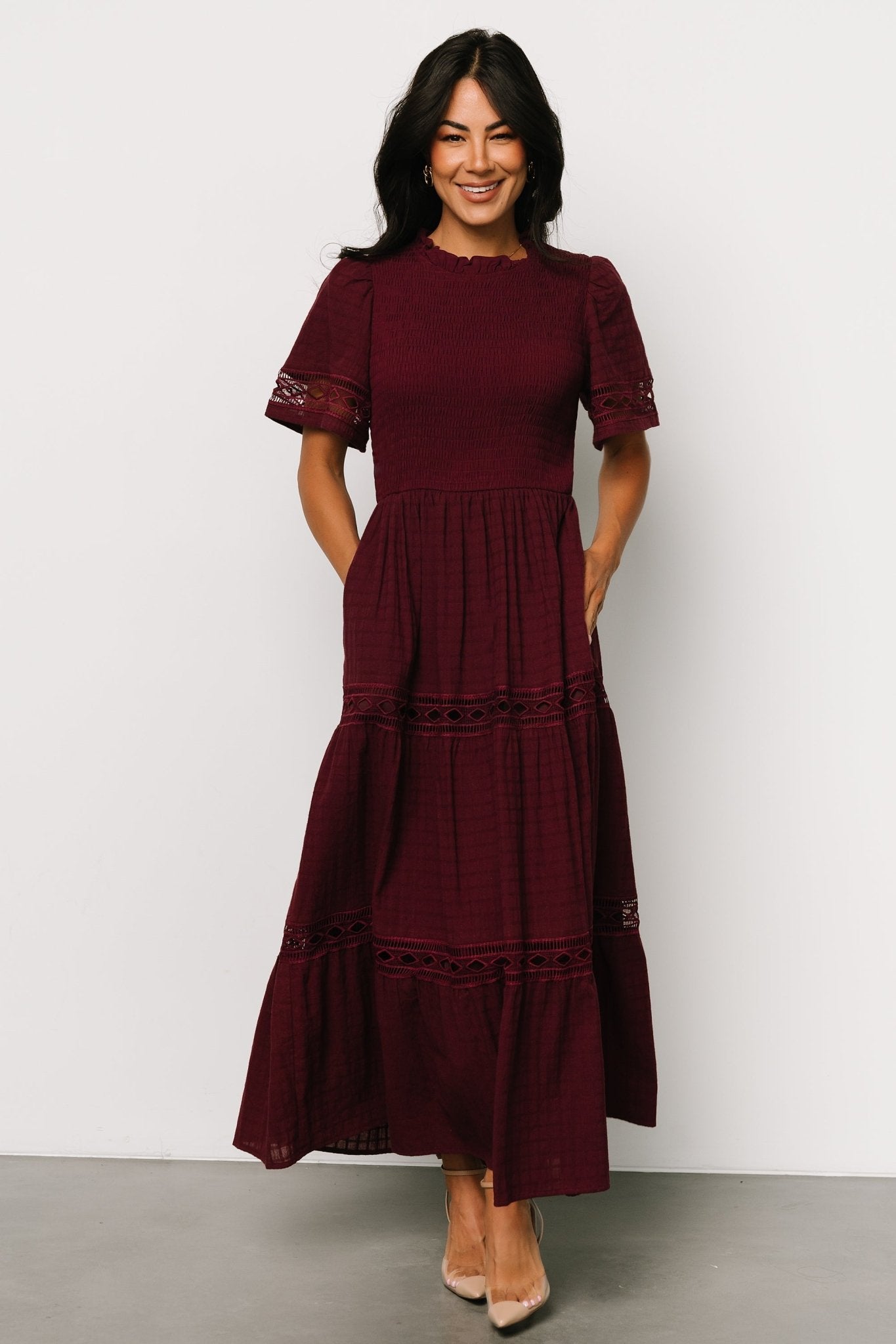 Lace Maxi Dress with Smocked Bodice & Side Pockets | Loveland Geo
