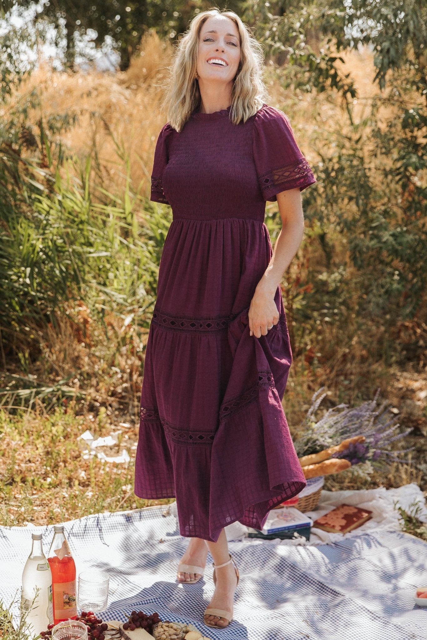 Lace Maxi Dress with Smocked Bodice & Side Pockets | Loveland Geo