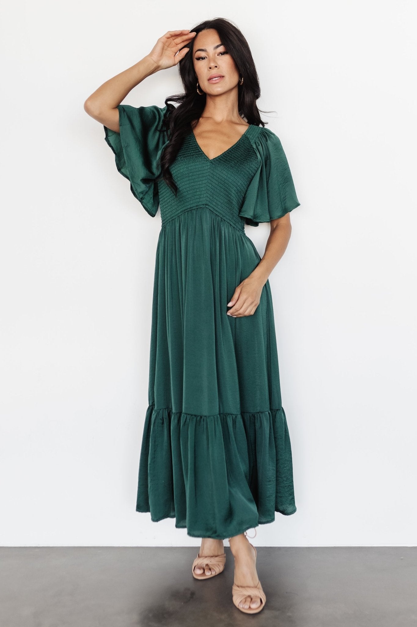 Smocked Midi Dress with Flutter Sleeves | Emerald Green Satin | Baltic Born